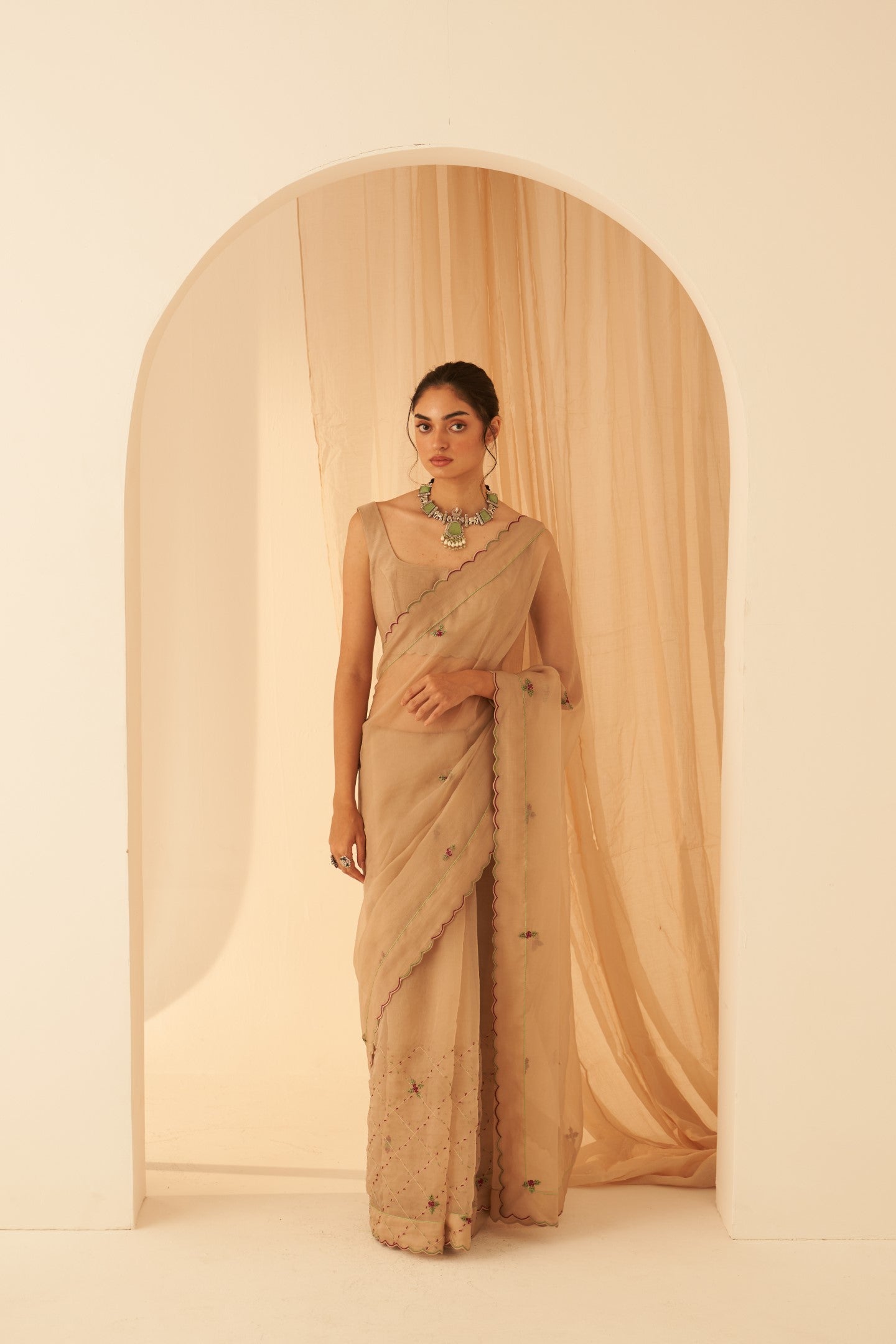 Champagne organza zardozi & elegant resham jaal work saree paired with chanderi blouse organic & cotton stitched petticoat