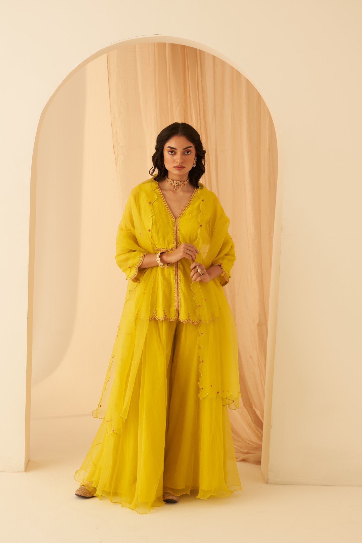 Lime yellow chanderi thread embroidered peplum with sharara & organza dupatta