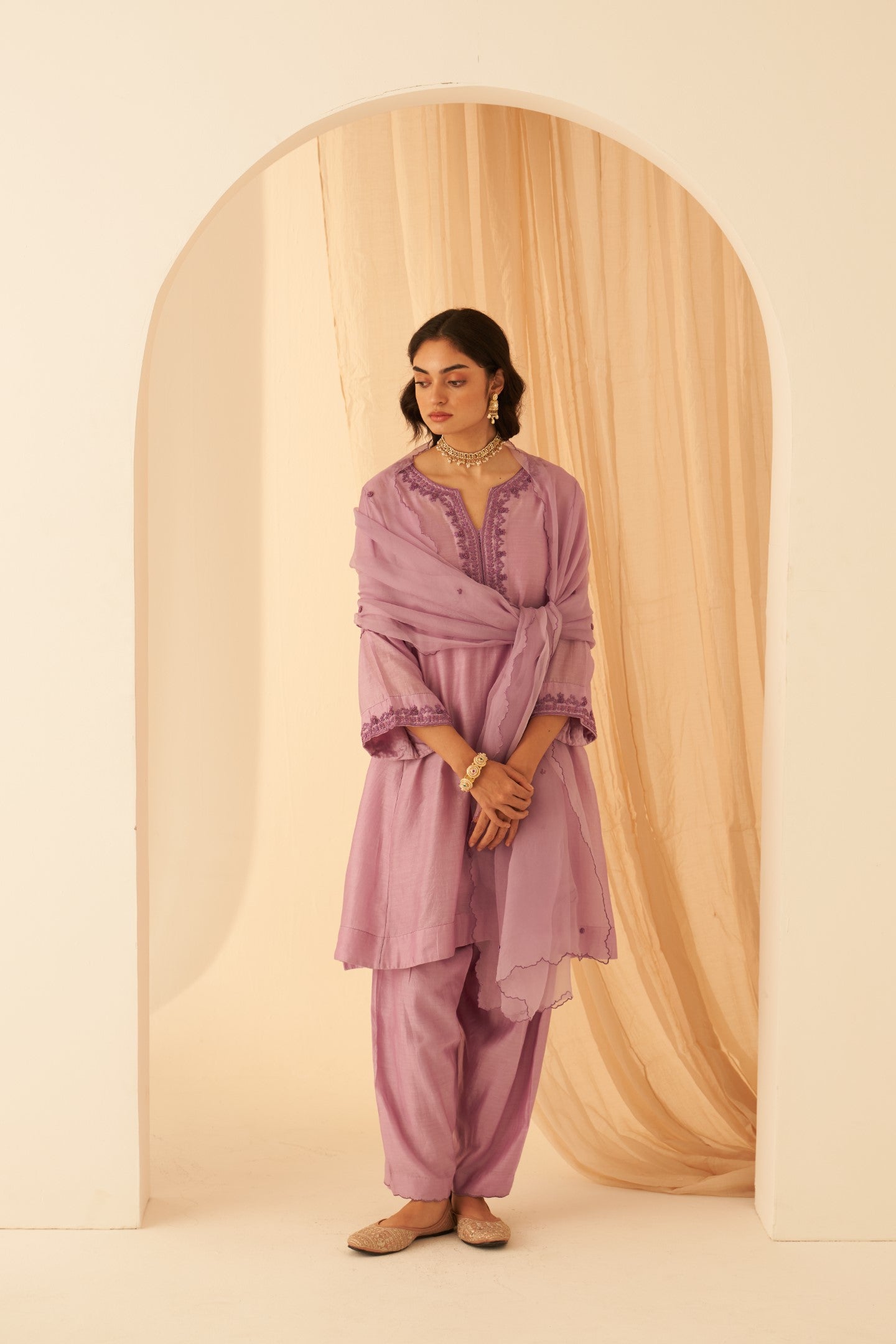 Lilac Chanderi bullion work embroidered kurta paired with cotton slip,pant & organza dupatta