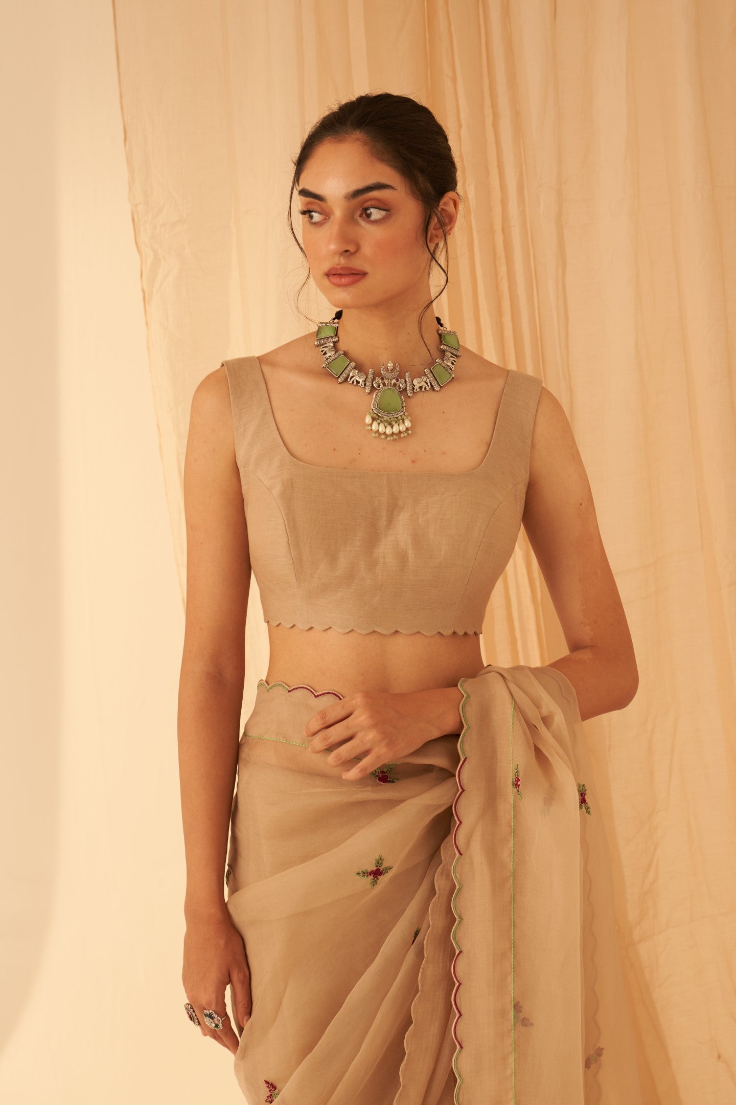 Champagne chanderi sleeveless blouse & scalloped waistline