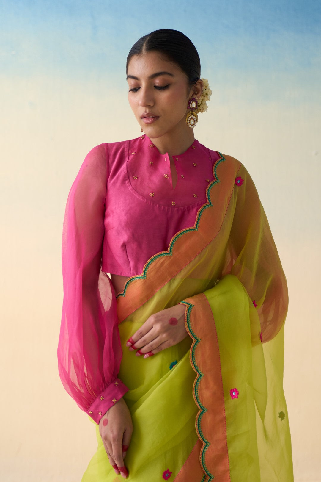 Pink Chanderi - Organza Embroidered Stitched Blouse (01 Pc.)