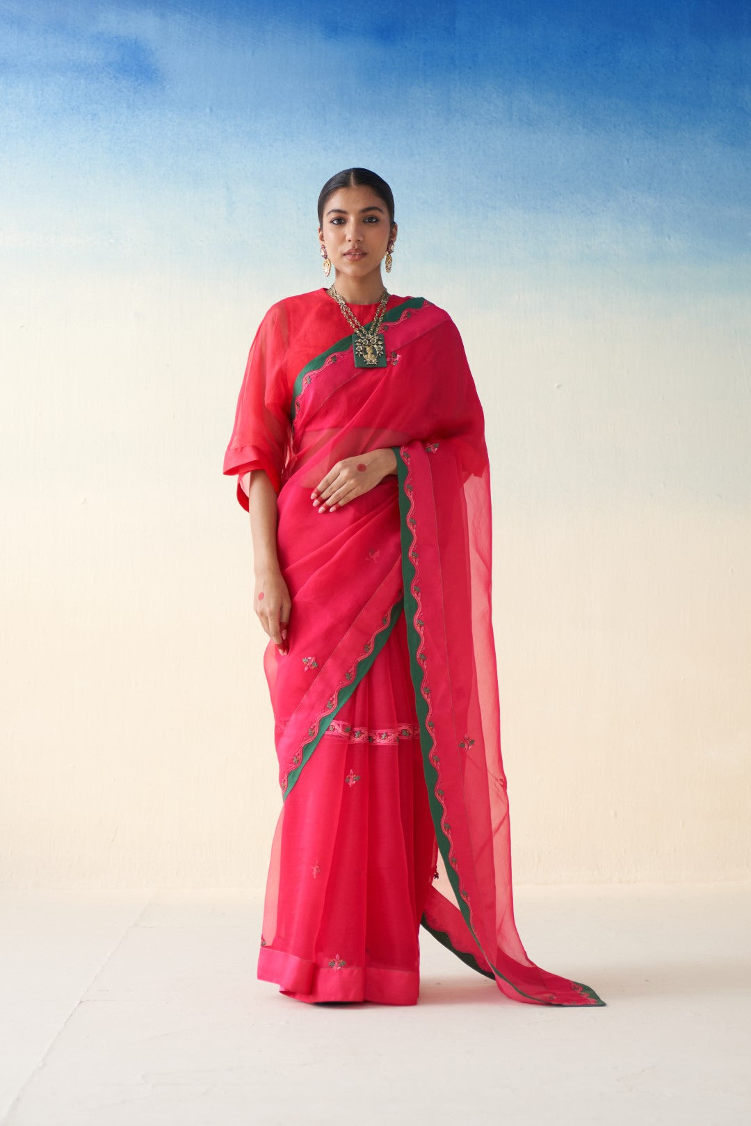 Magenta Embroidered organza saree comes with an organic cotton stitched petticoat (02 Pcs.)