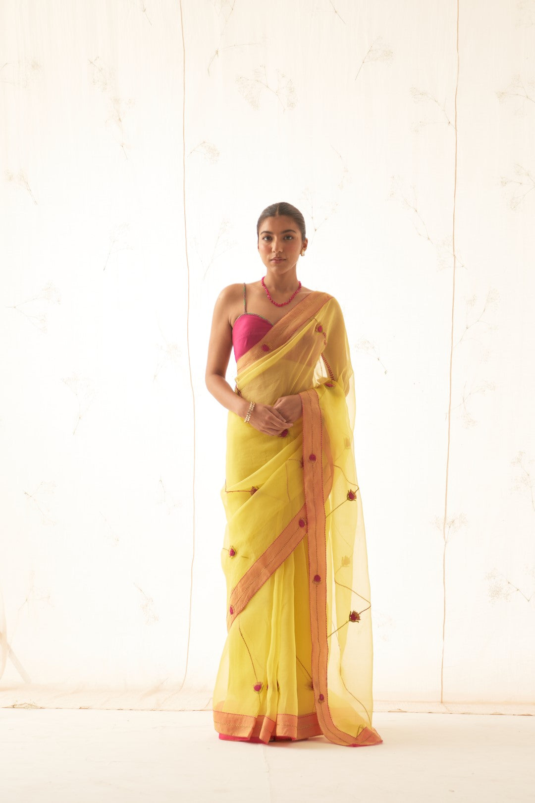 Yellow Organza Saree Set with Pink Border Comes With Stitched Chanderi Blouse and Organic Cotton Stitched Petticoat ( 03 Pcs. )