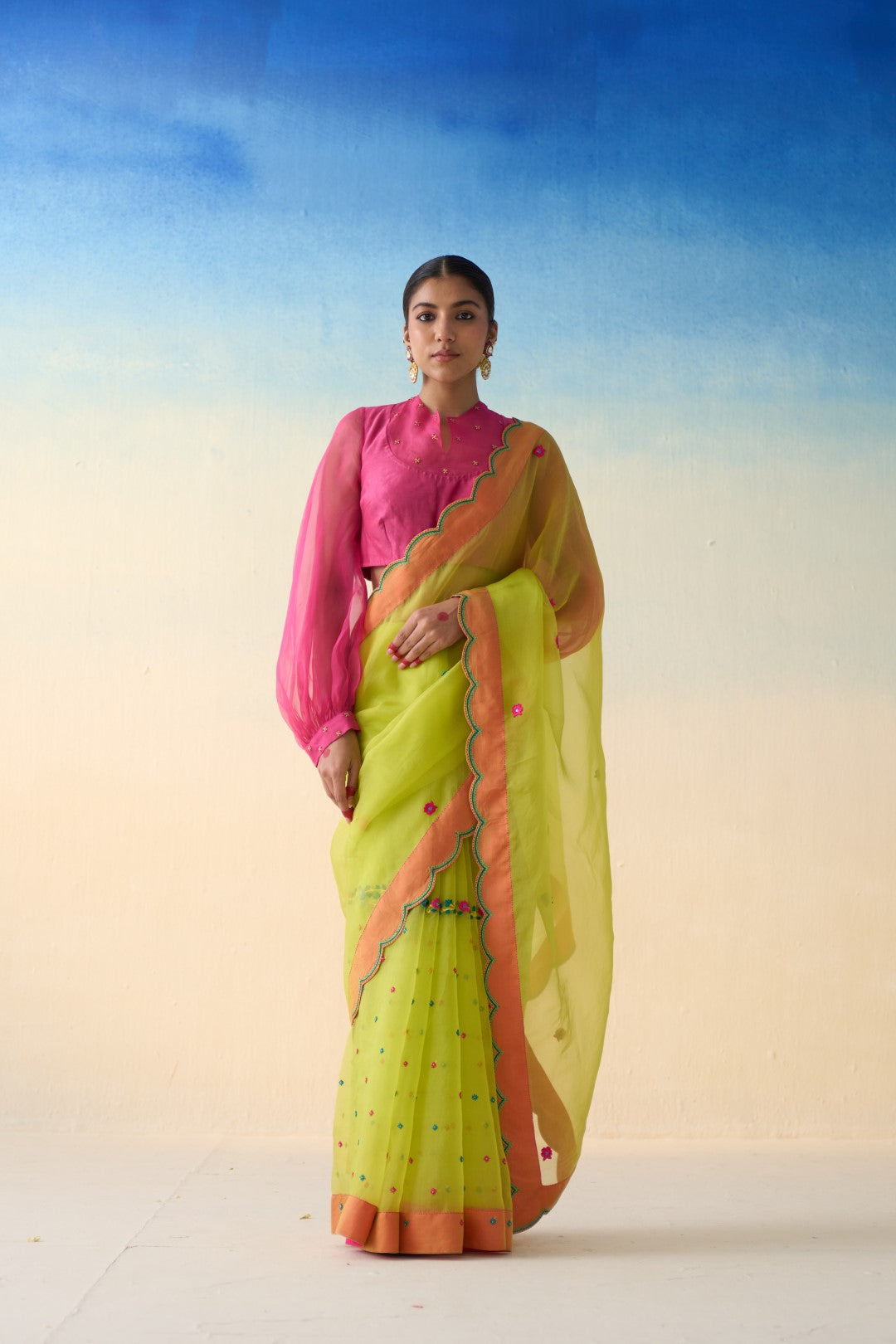 Lime green organza embroidered saree comes with an organic cotton  petticoat (02 Pcs.)