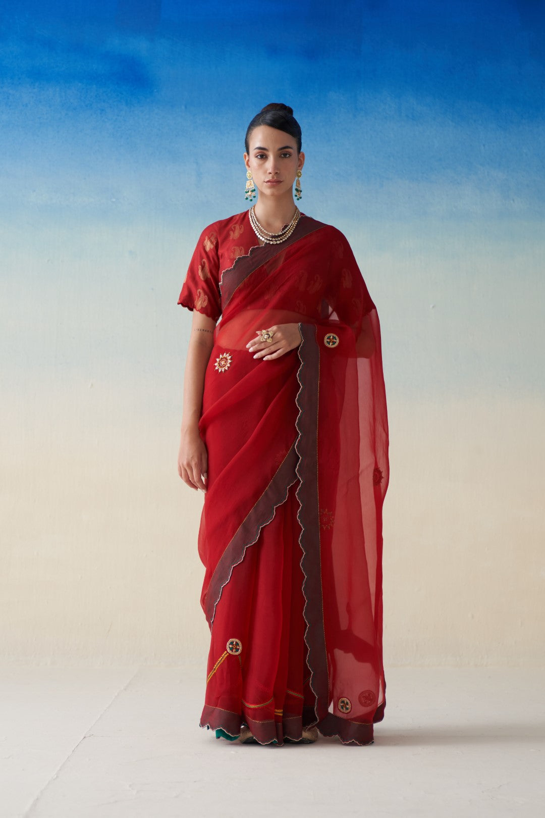 Red organza embroidered saree, comes with an organic cotton stitched petticoat (02 Pcs.)