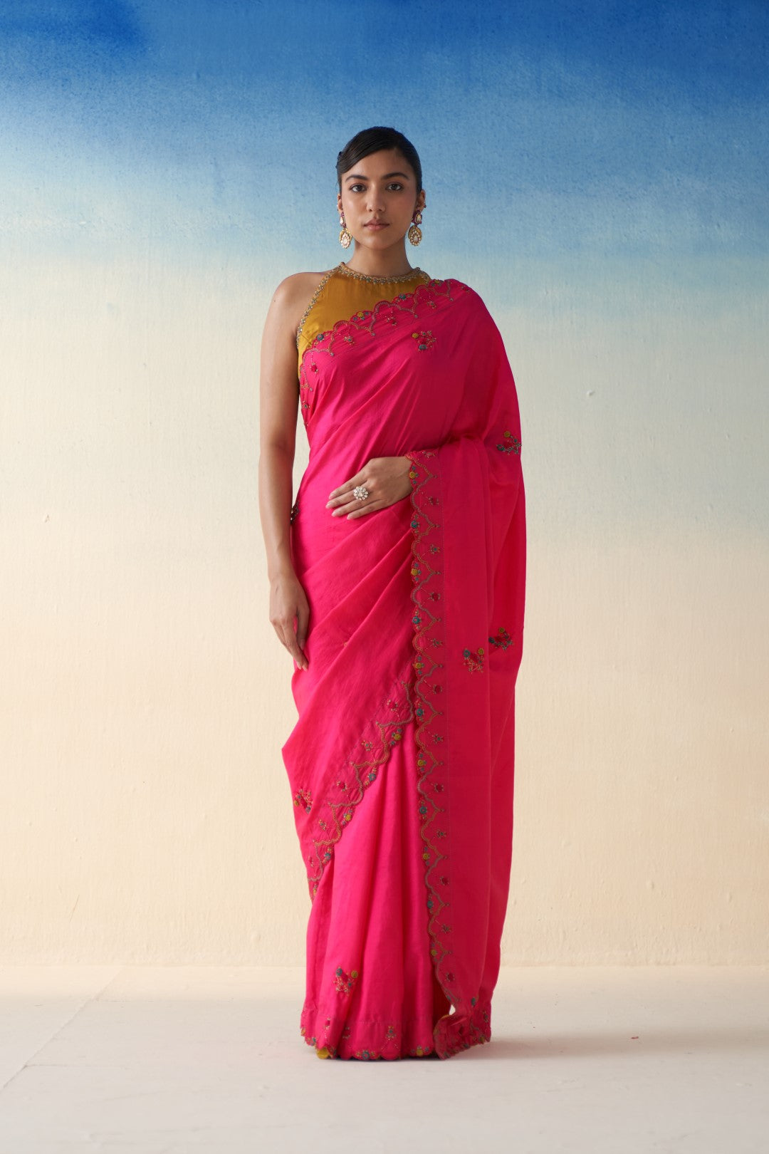 Magenta Silk multicolor embroidered saree comes with an organic cotton stitched petticoat (02 Pcs.)