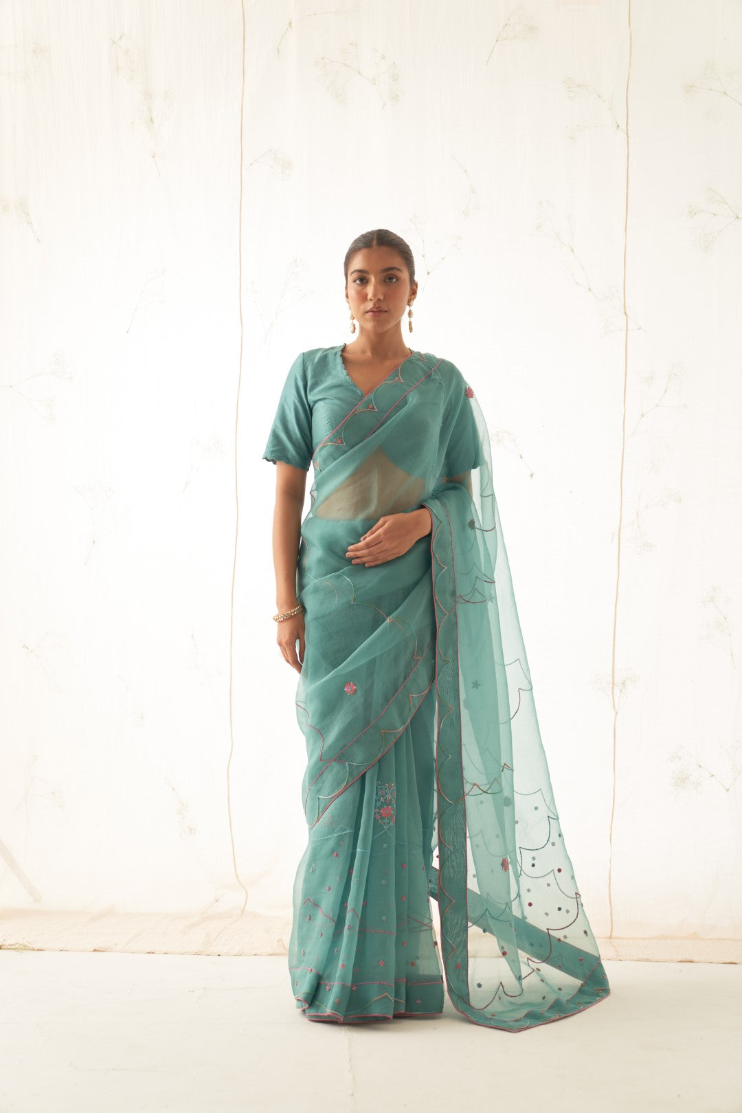 Teal Organza Saree Set Comes With Silk Stitched Blouse and Organic Cotton Stitched Petticoat (03 Pcs. )