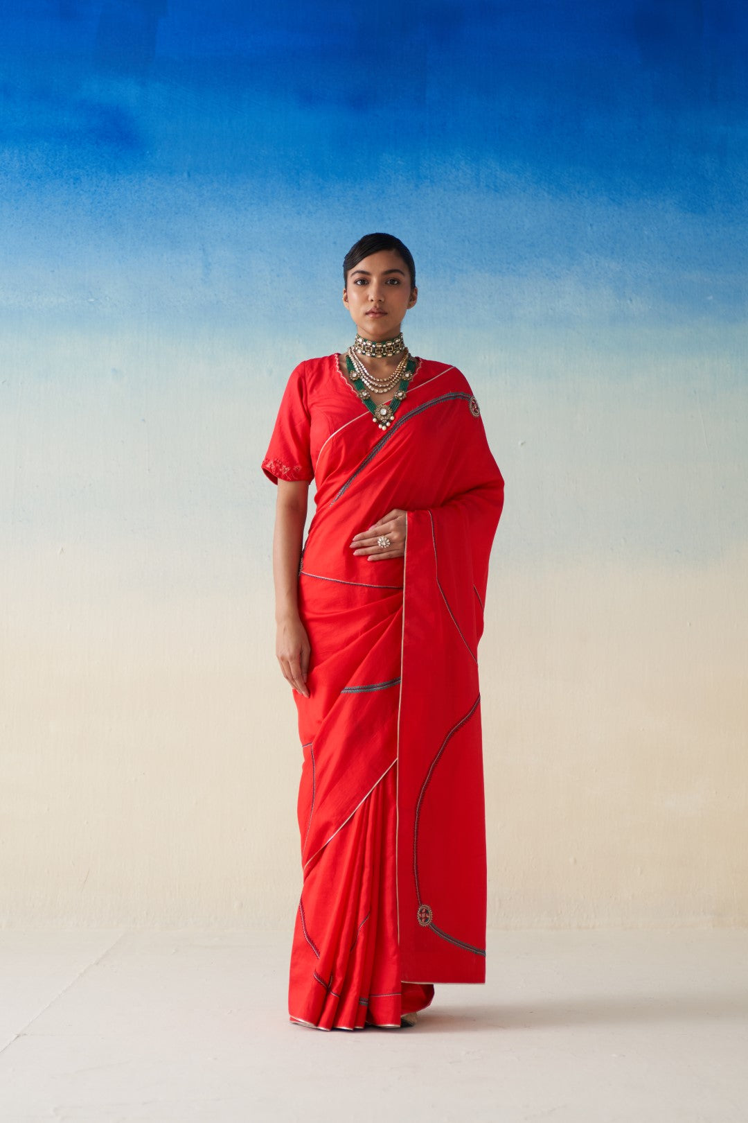 Red Silk embroidered saree comes with an organic cotton stitched petticoat (02 pcs.)