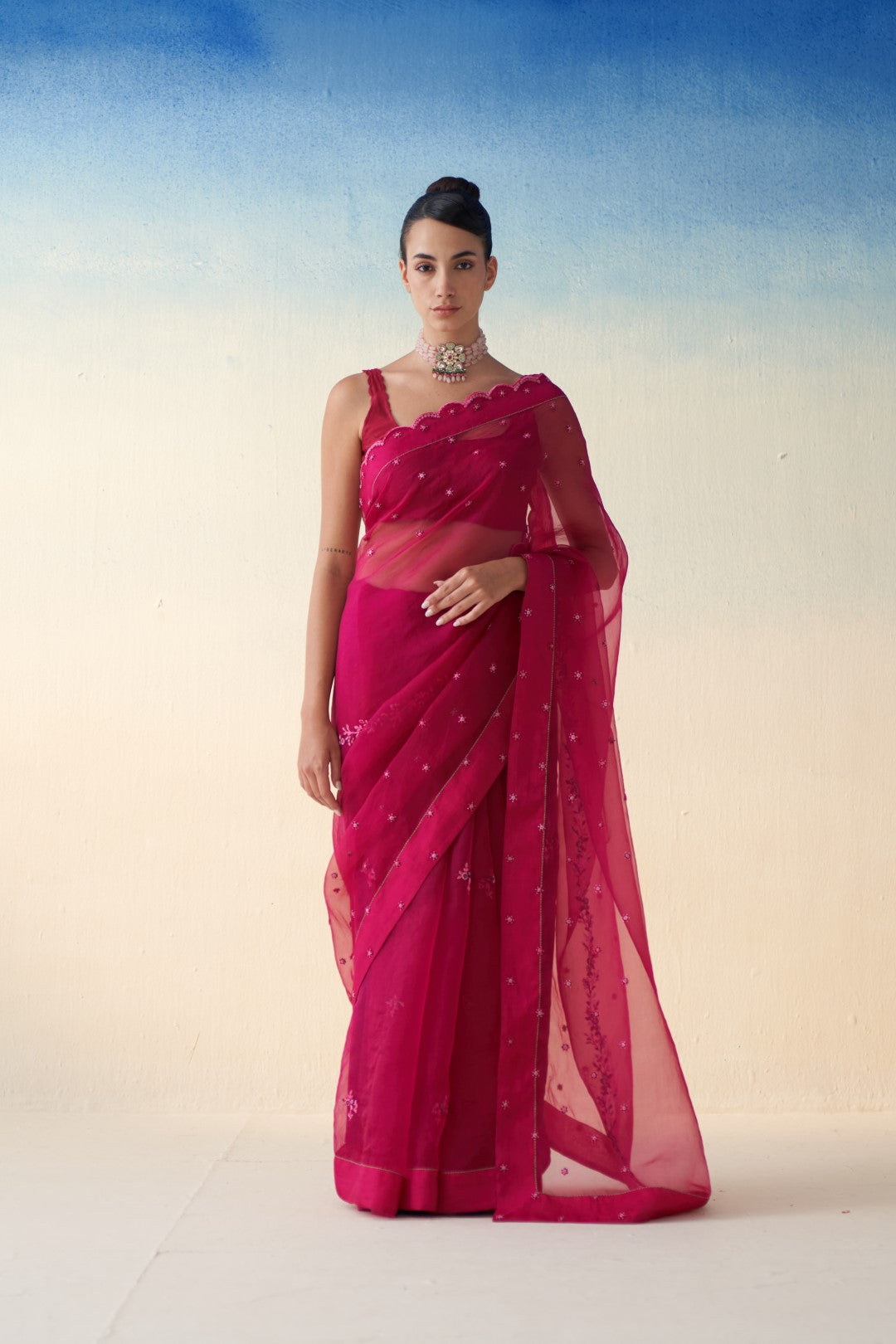 Wine organza multicolored saree comes with an organic cotton stitched petticoat (02 Pcs.)