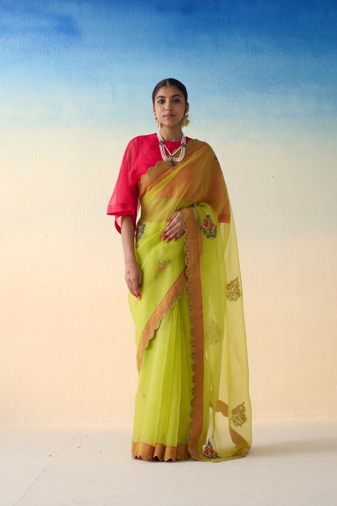 Lime yellow organza floral motifs saree comes with an organic cotton stitched petticoat (02 Pcs.)