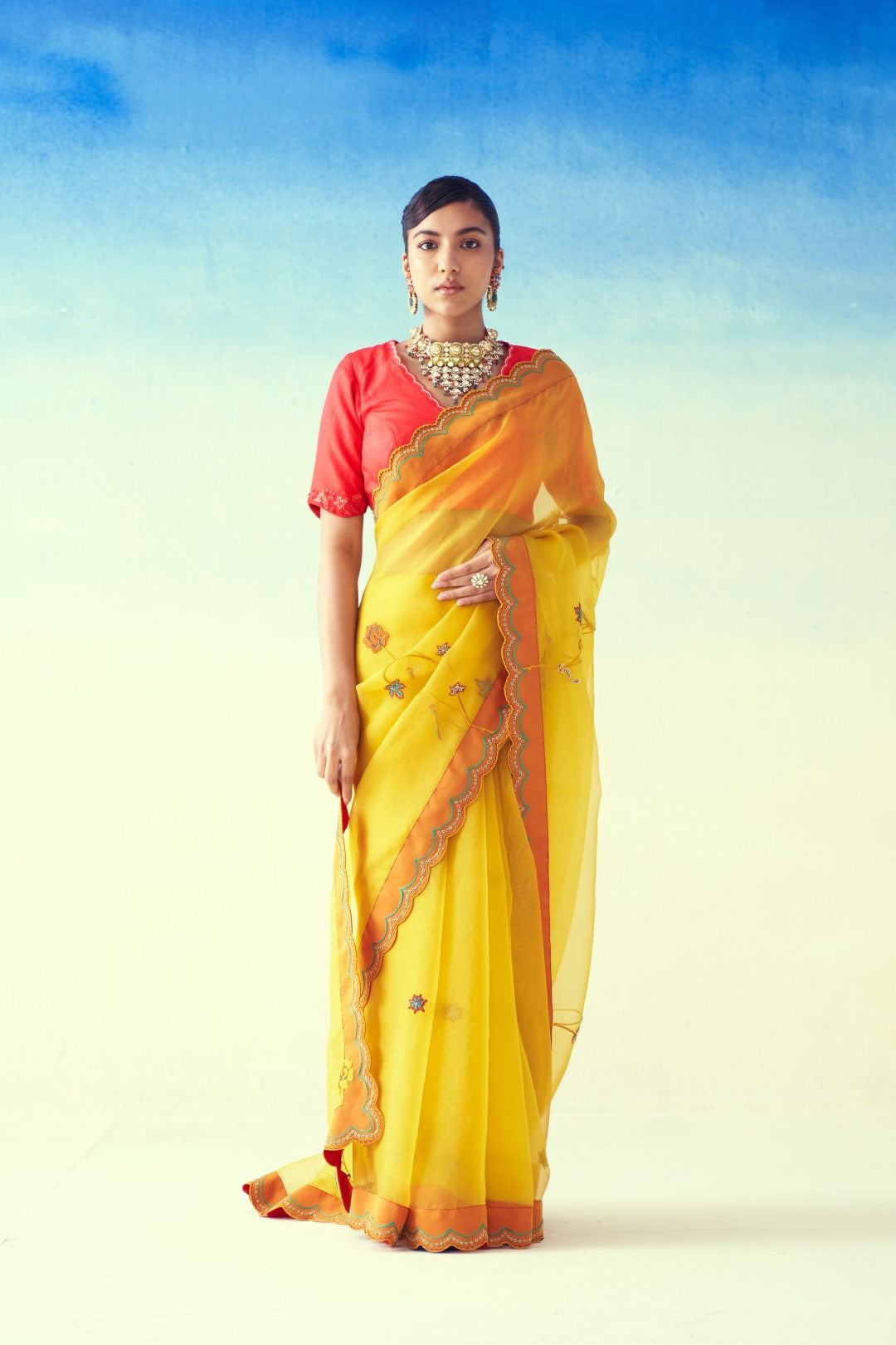 Yellow organza multicolor floral jaal embroidered saree comes with an organic cotton stitched petticoat (02 Pcs.)