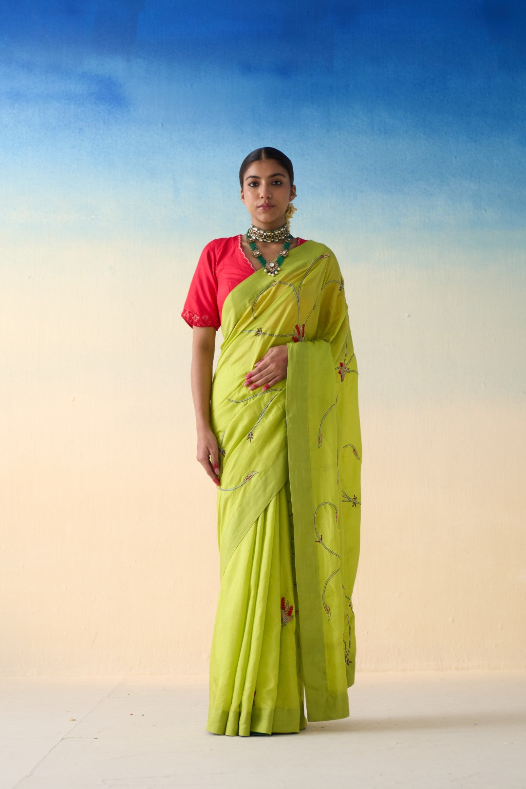 Lime green silk jaal embroidered saree comes with an organic cotton petticoat (02 Pcs.)