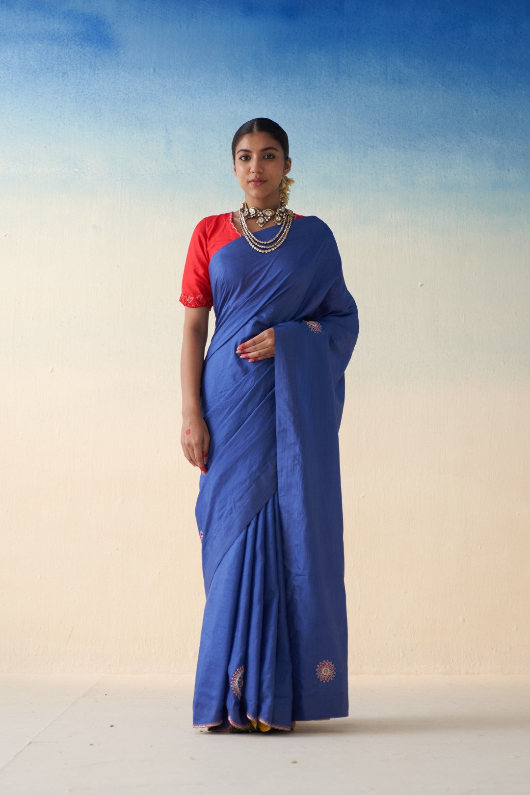 Blue dabka & thread embroidered silk saree comes with an organic cotton stitched petticoat (02 Pcs.)