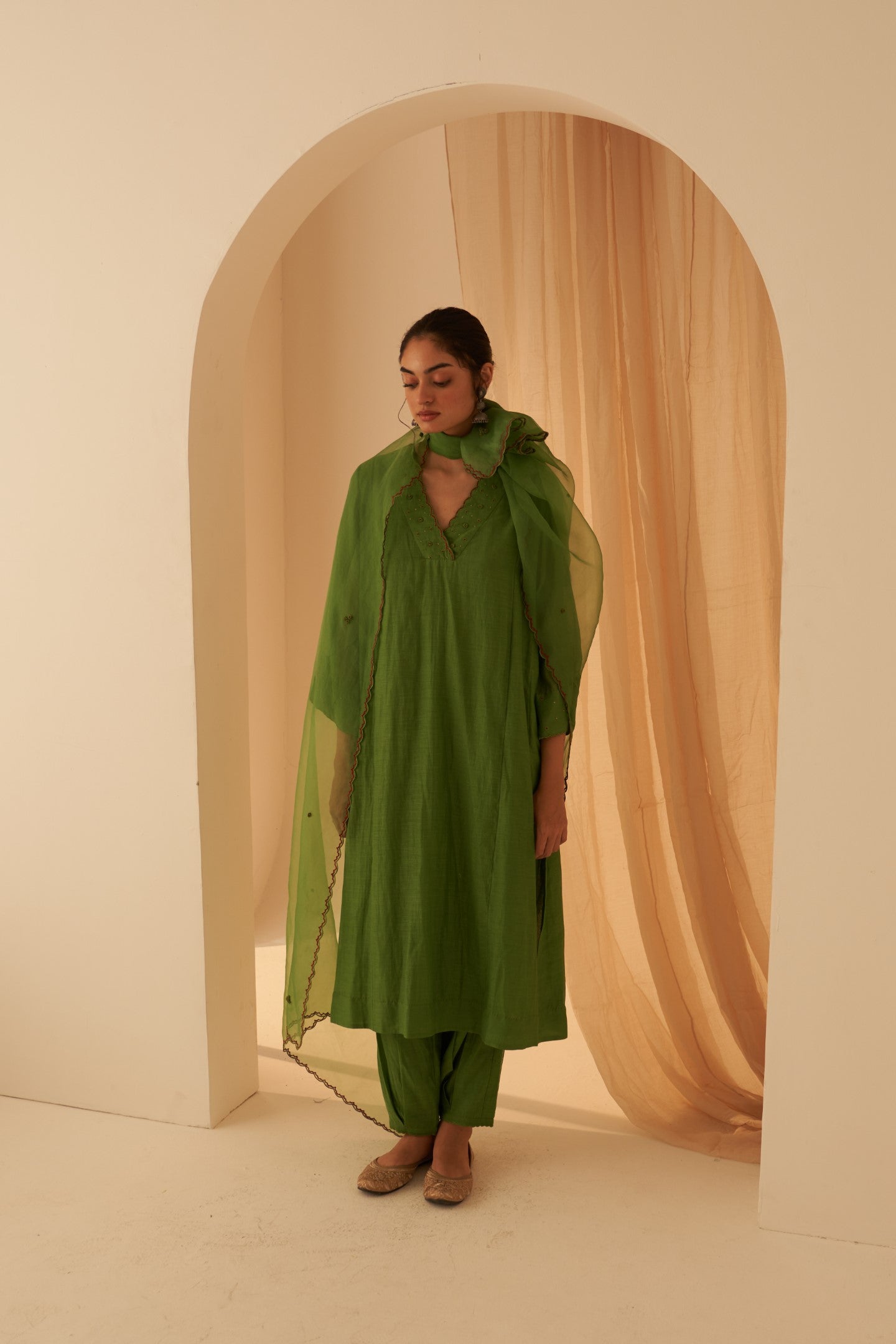 Green chanderi Bullion work embroidered kurta paired with pant & organza dupatta