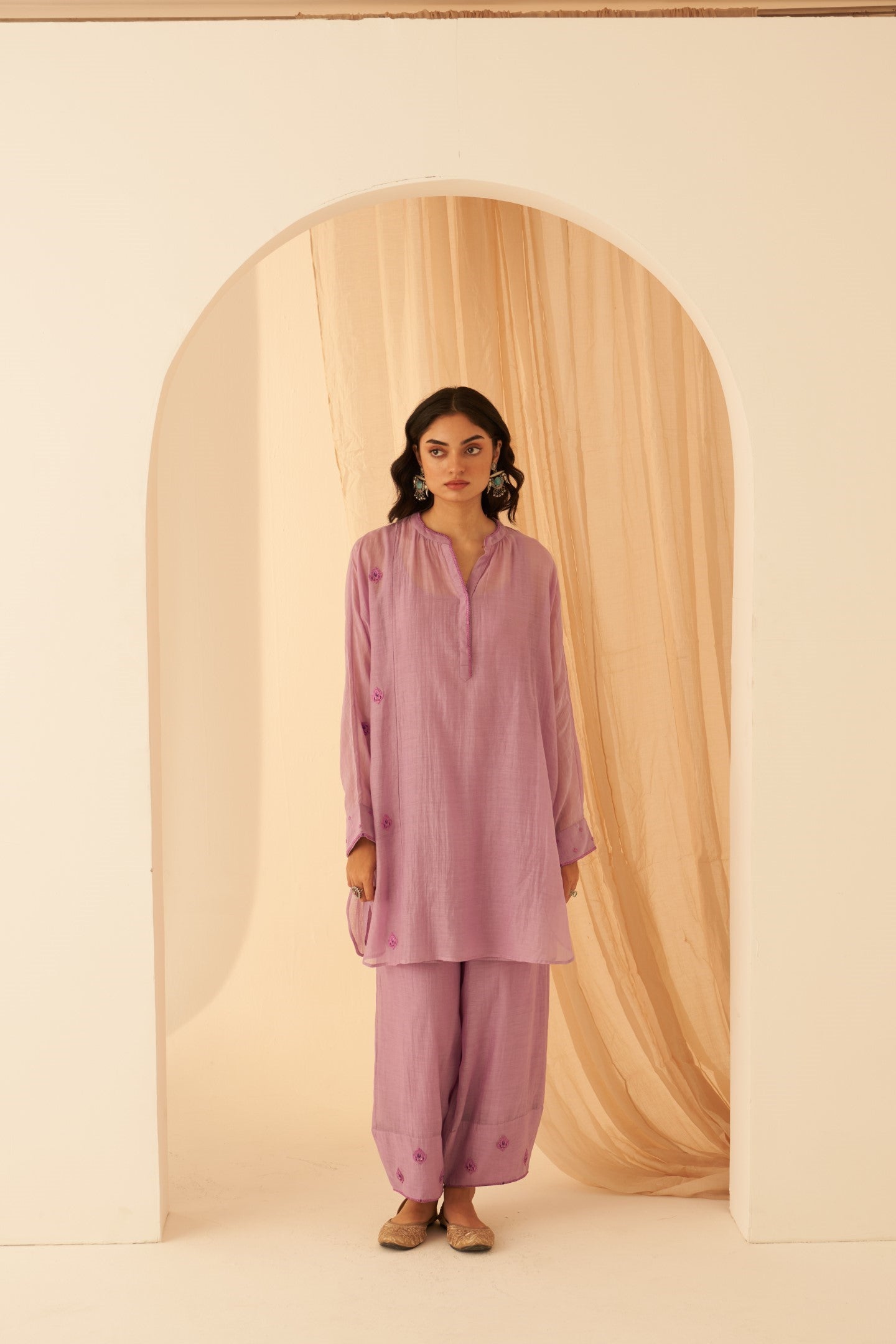 Lilac Chanderi floral buta embroidered Tunic paired with cotton slip & afghani salwar