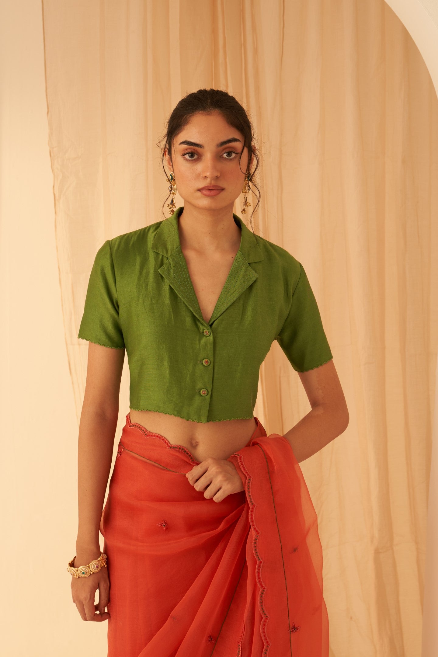 Green chanderi collared neckline blouse