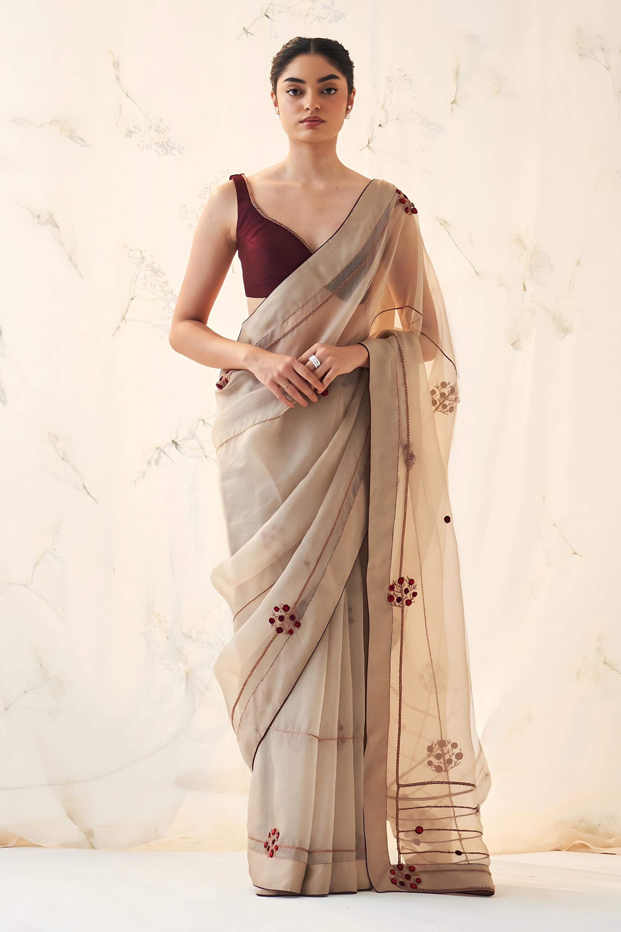 Champagne Gold organza saree comes with mehroon chanderi stitched blouse & organic  cotton stitched petticoat