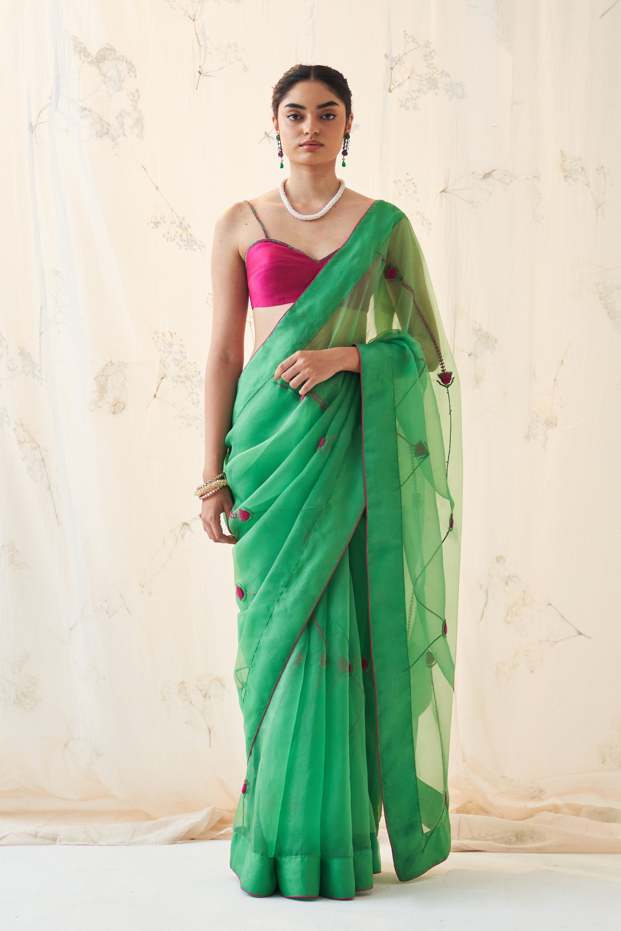 Emerald Green Organza Saree Comes With Magenta Stitched Blouse & Organic Cotton Stitched Petticoat