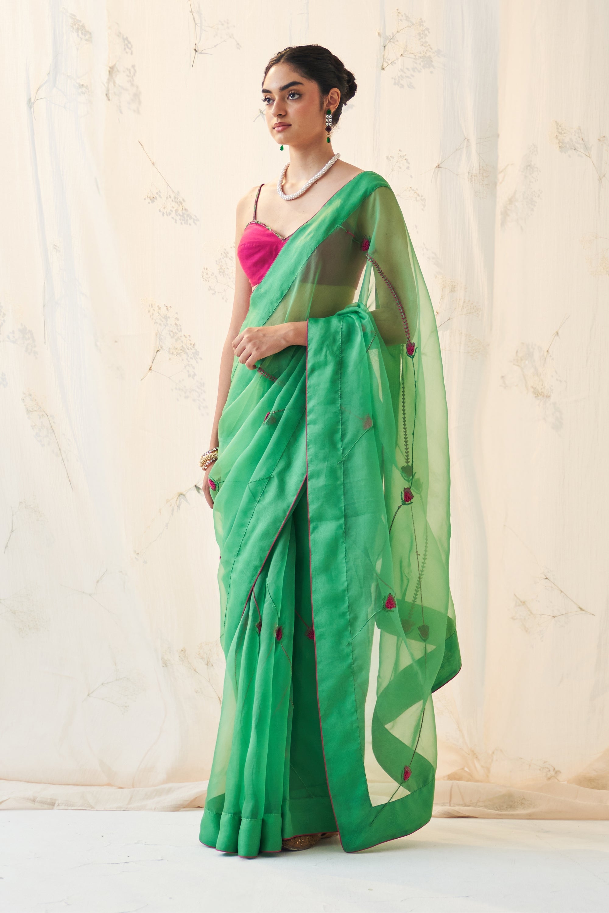 Emerald Green Organza Saree Comes With Magenta Stitched Blouse & Organic Cotton Stitched Petticoat