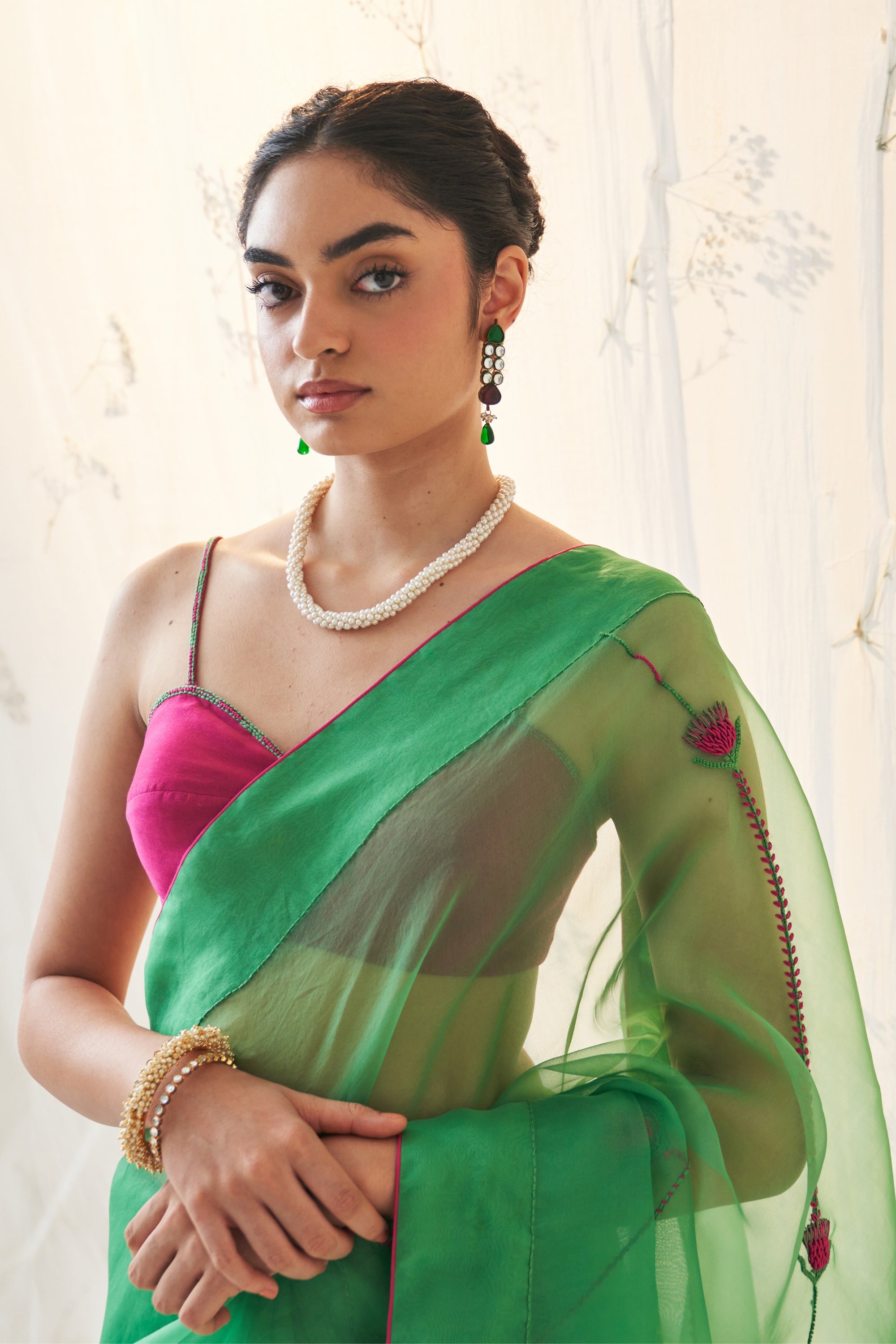 Emerald Green Organza Saree Comes With Magenta Stitched Blouse & Organic Cotton Stitched Petticoat