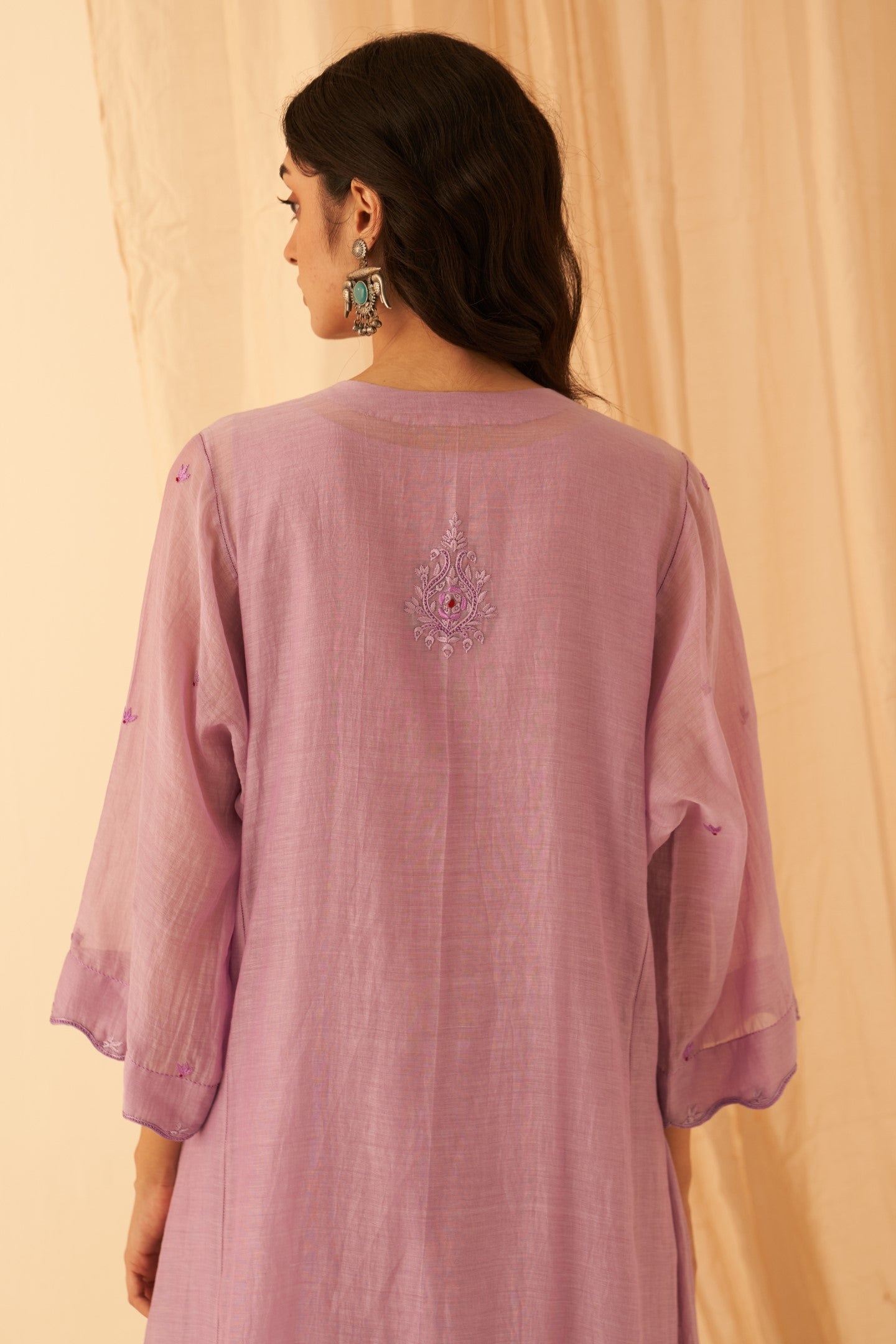 Lilac chanderi floral embroidered and katha work kurta paired with cotton slip, afghani salwar & organza dupatta