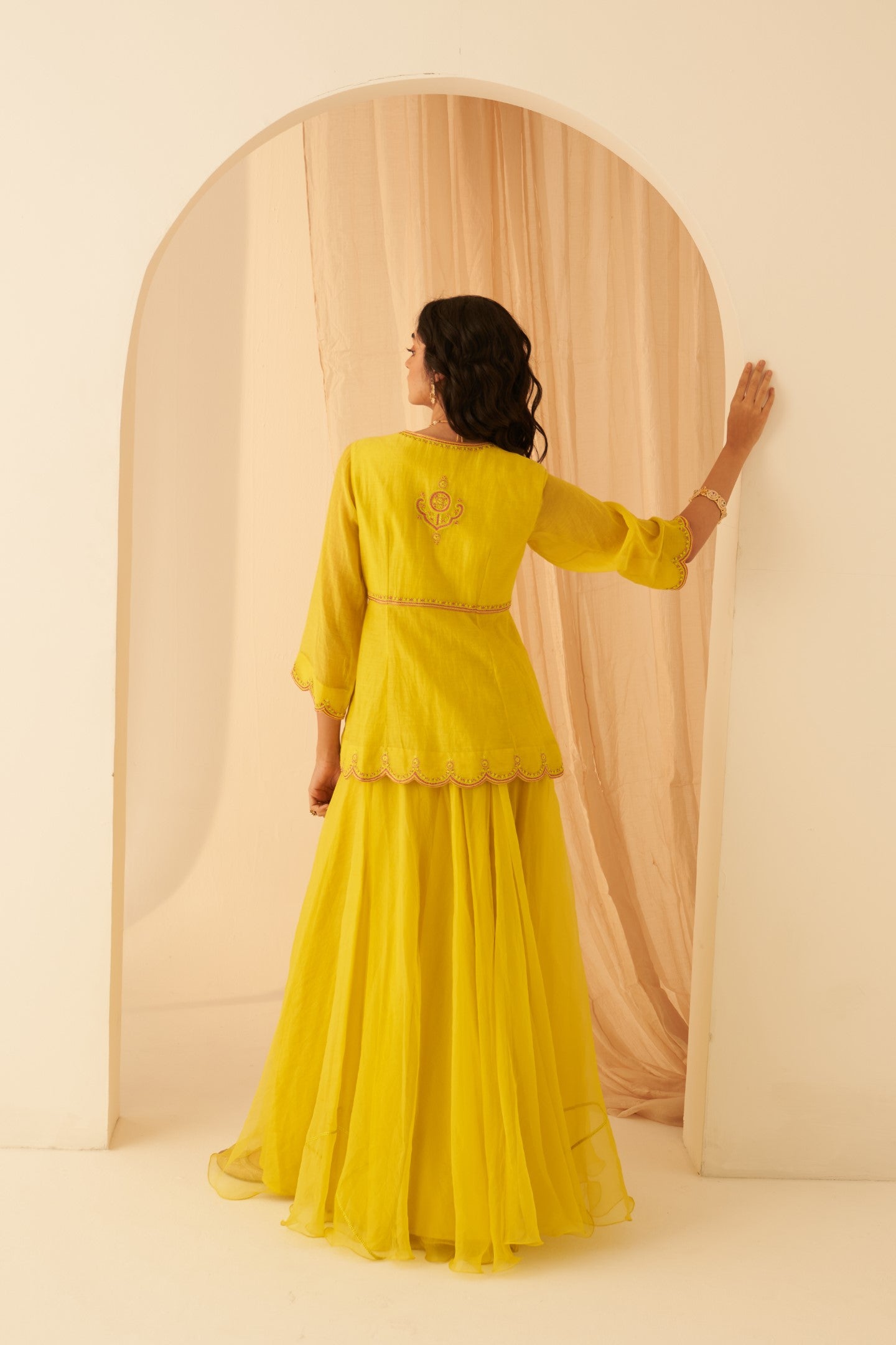 Lime yellow chanderi thread embroidered peplum with sharara & organza dupatta