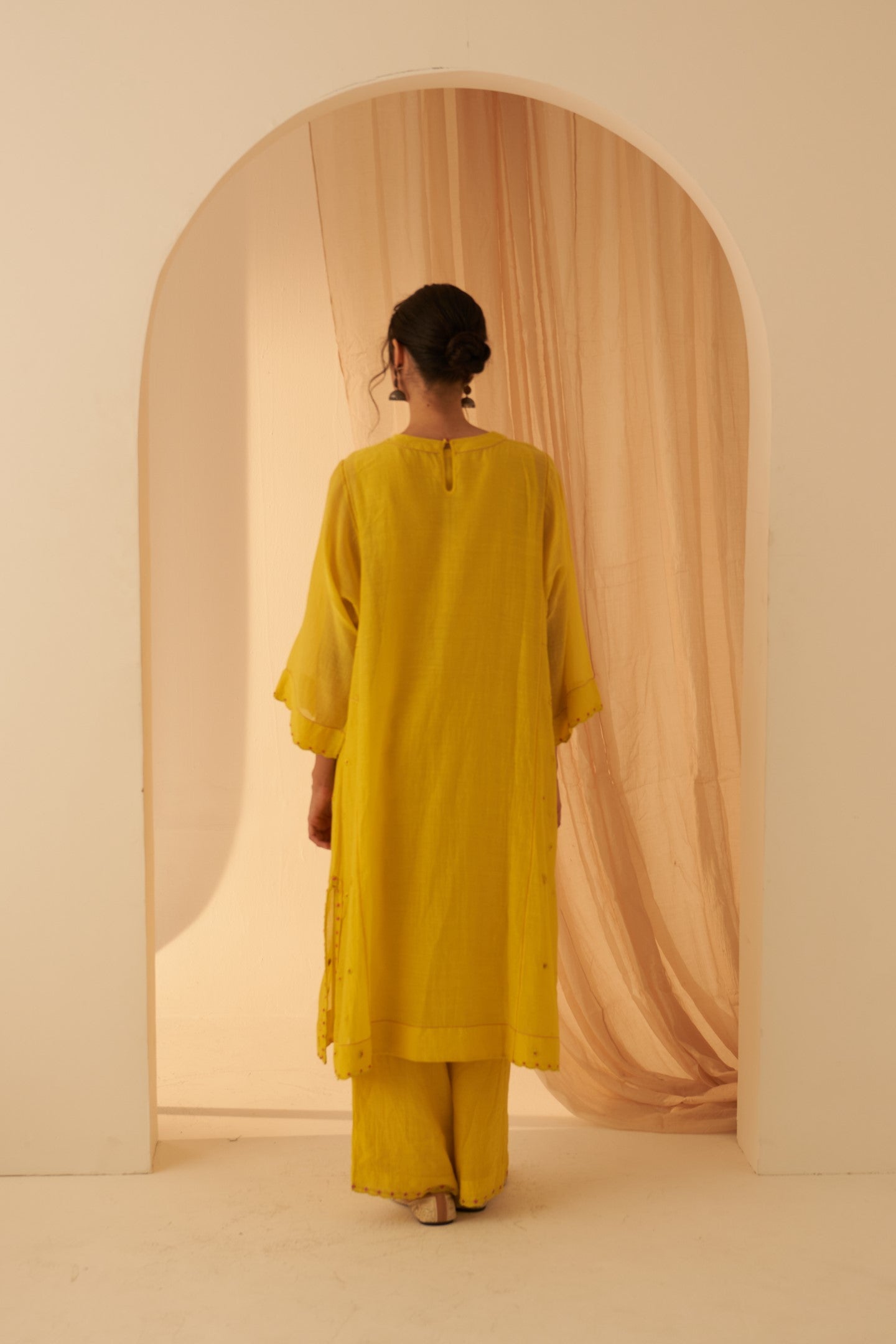 Lime yellow chanderi floral buti embroidered kurta paired with cotton slip, pant & organza dupatta