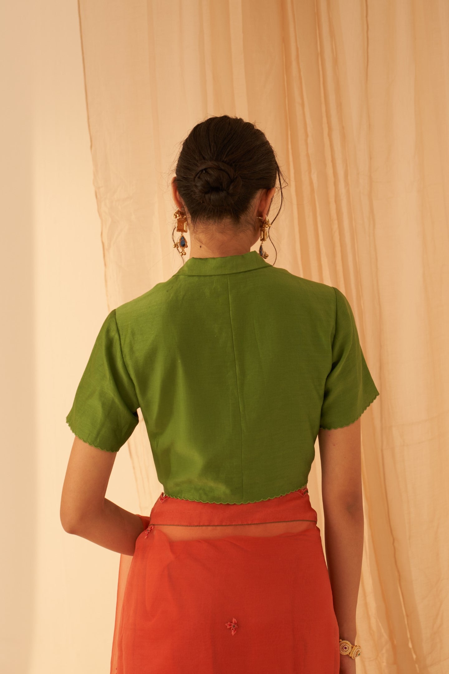 Green chanderi collared neckline blouse