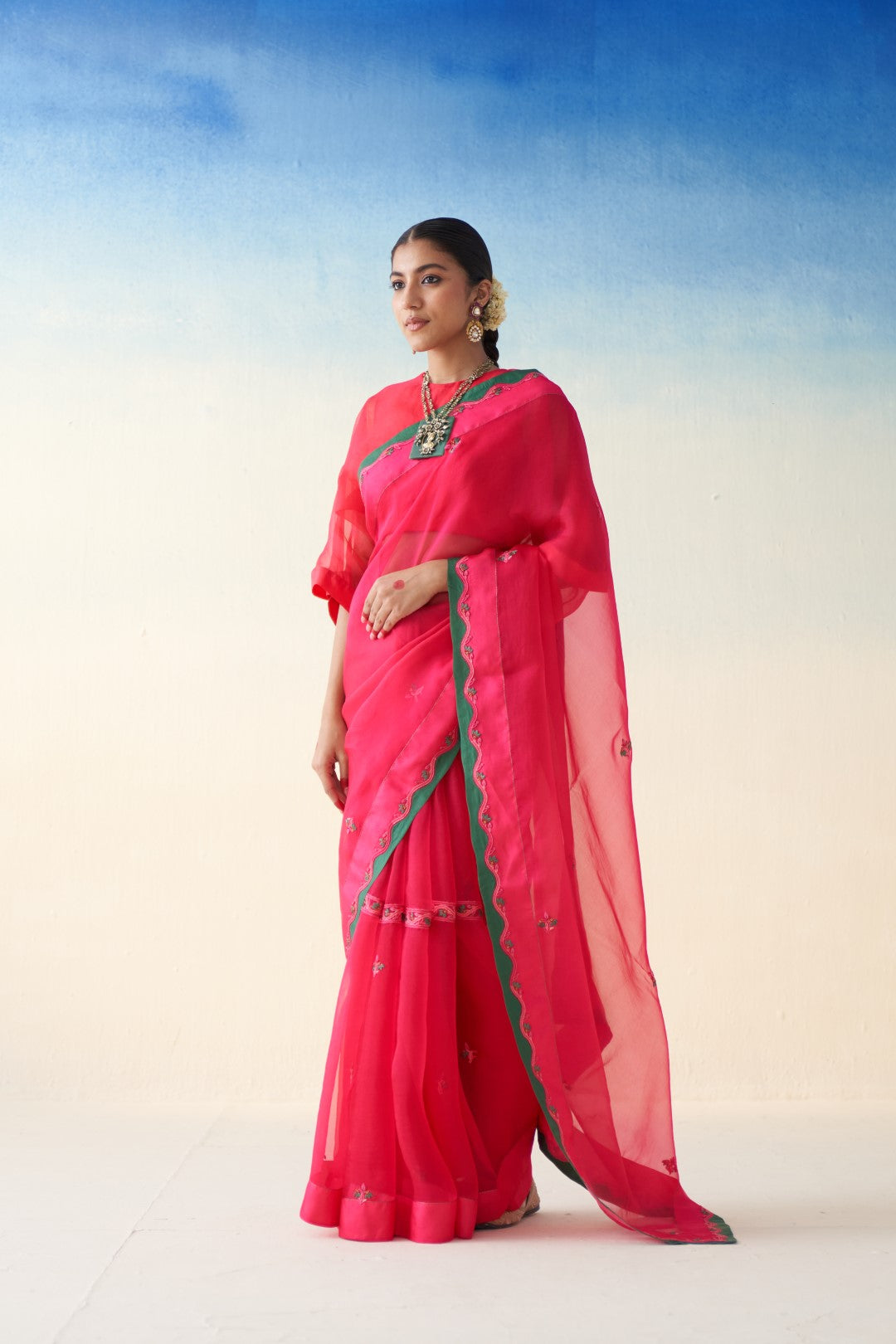 Magenta Embroidered organza saree comes with an organic cotton stitched petticoat (02 Pcs.)