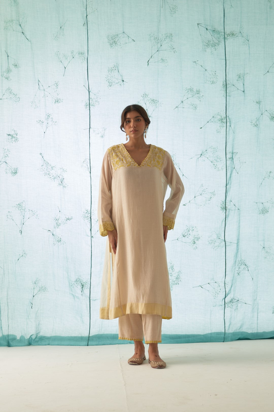 Ivory Yellow Embroidery On Neckline Kurta Set