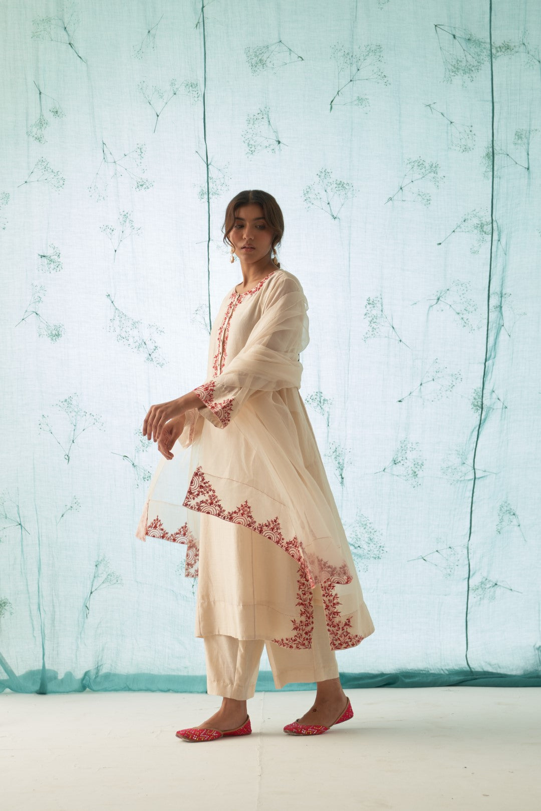 Ivory With Fushia Embroidered Kurta Set