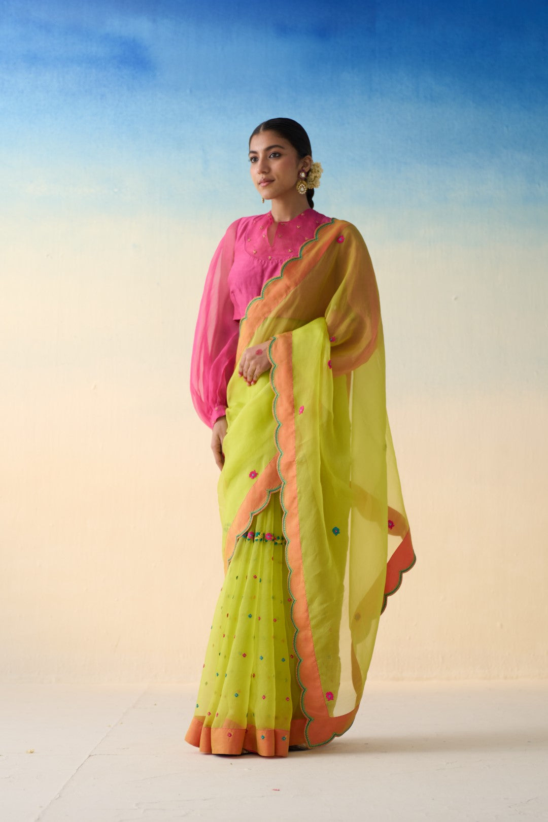 Lime green organza embroidered saree comes with an organic cotton  petticoat (02 Pcs.)