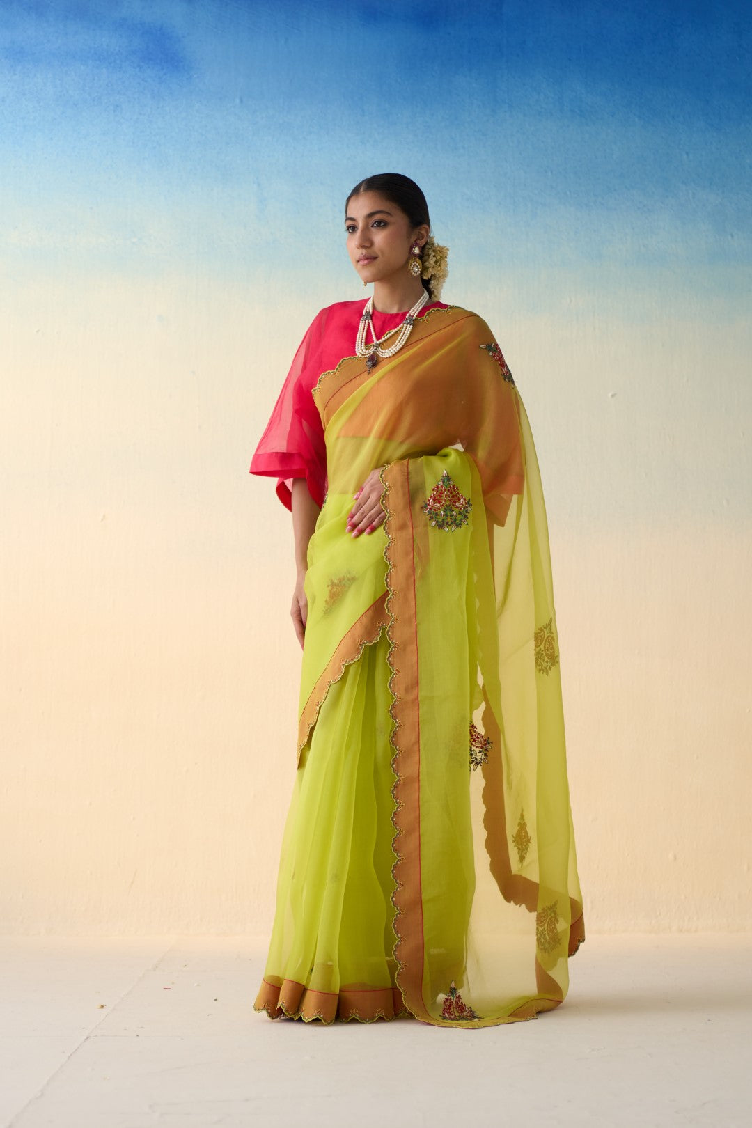 Lime yellow organza floral motifs saree comes with an organic cotton stitched petticoat (02 Pcs.)