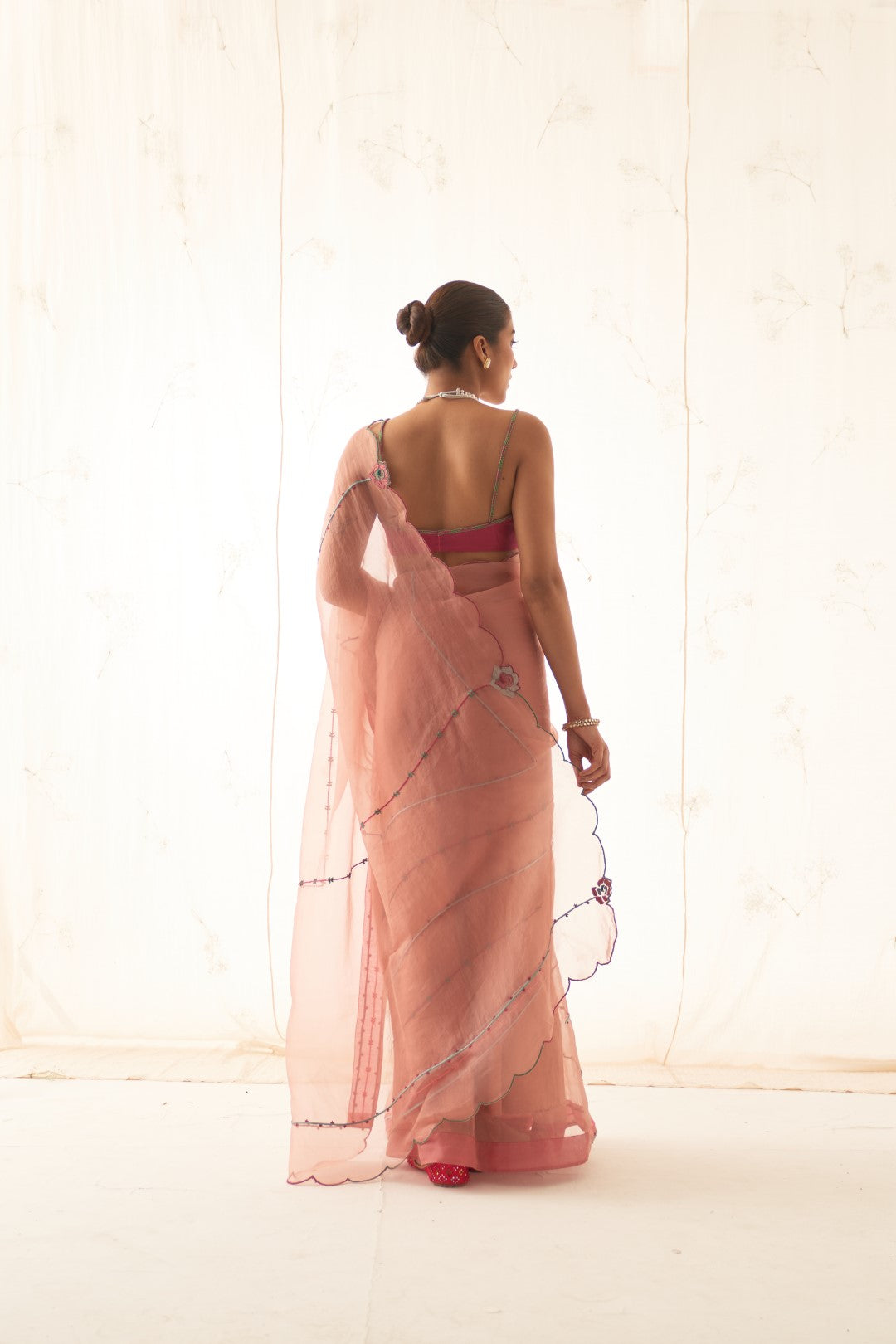 Peach Organza Saree with Embroidery Allover Comes With Chanderi Stitched Blouse and Organic Cotton Stitched Petticoat ( 03 Pcs. )