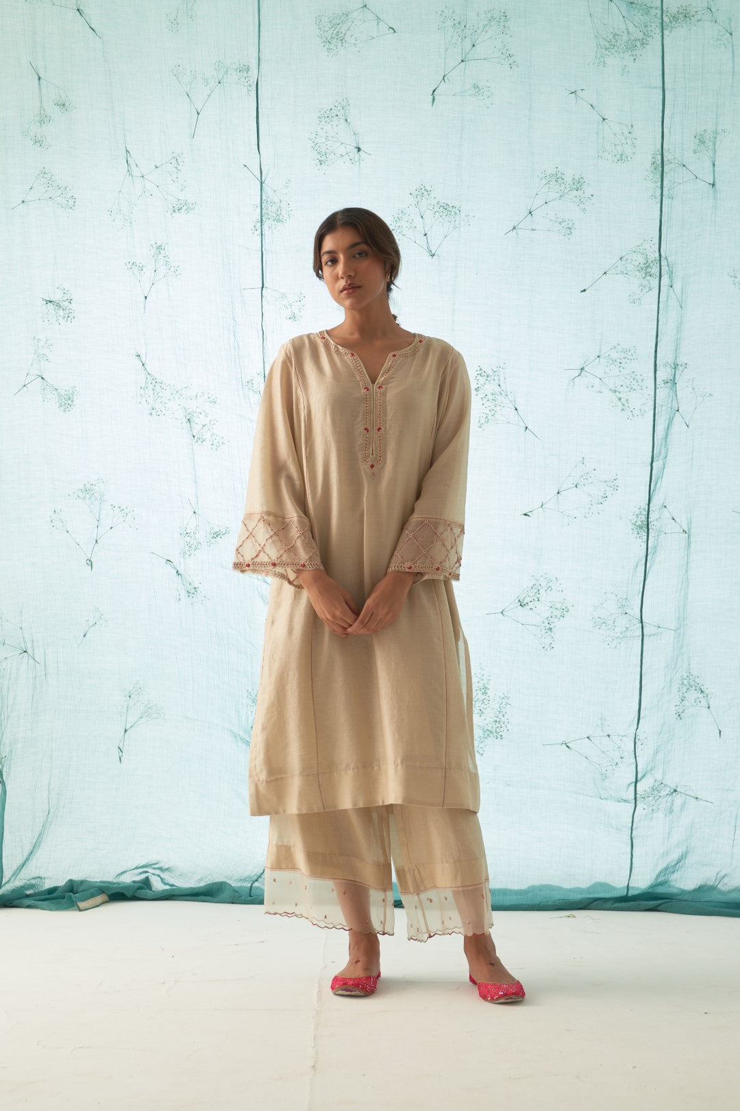 Beige Embroidered Kurta Set