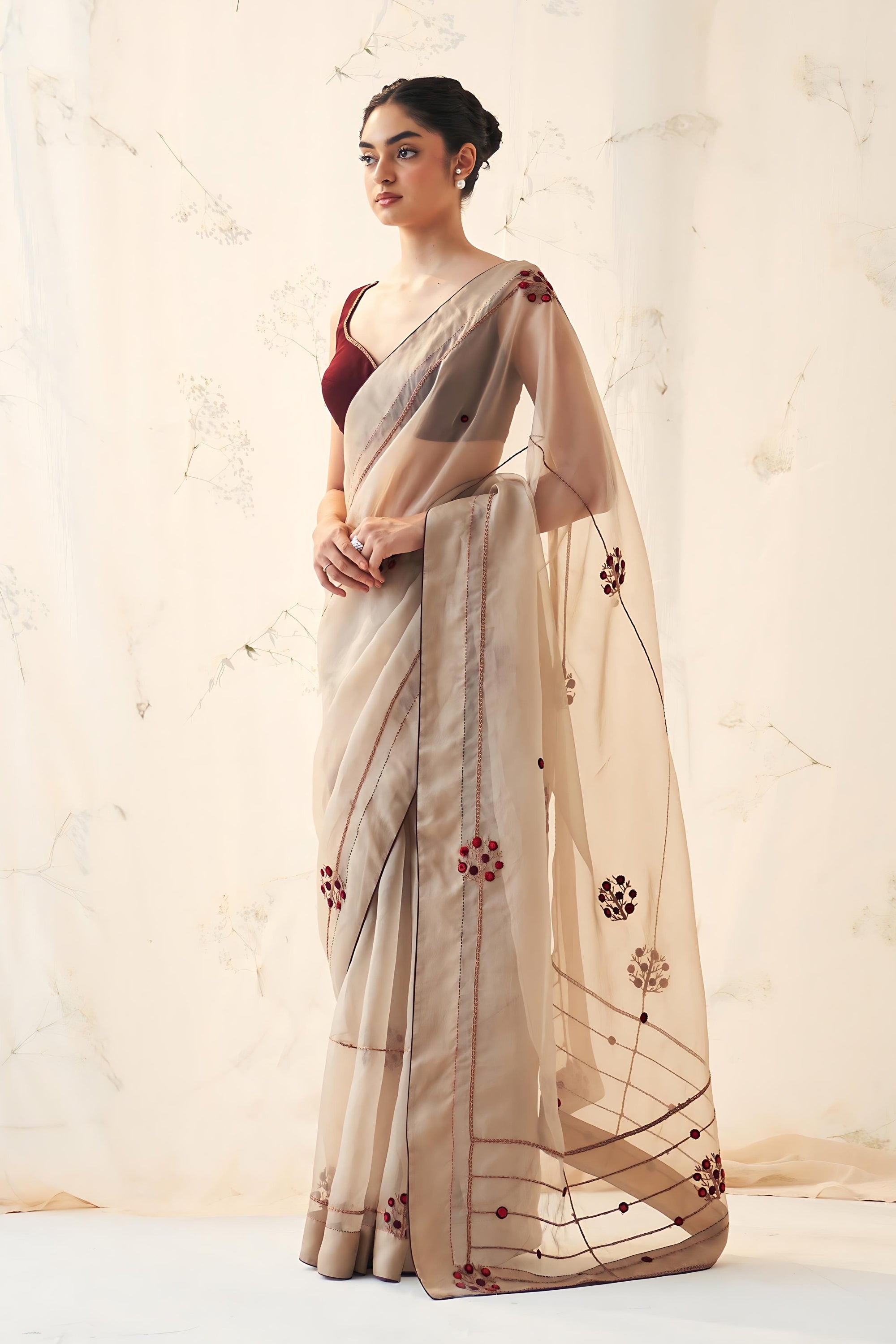 Champagne Gold organza saree comes with mehroon chanderi stitched blouse & organic  cotton stitched petticoat