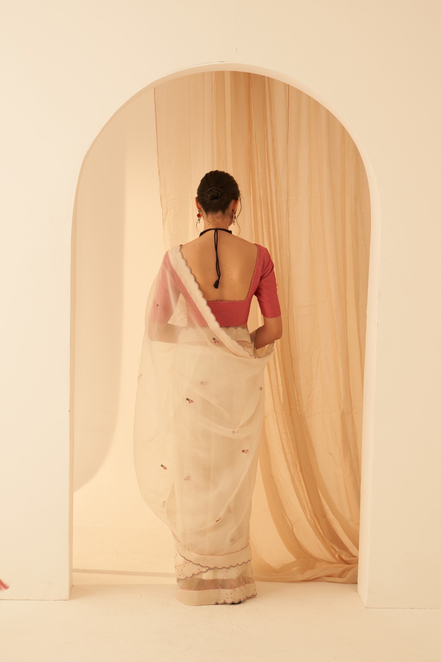 Ivory organza bullion & elegant resham jaal work saree paired with an organic & cotton stitched petticoat