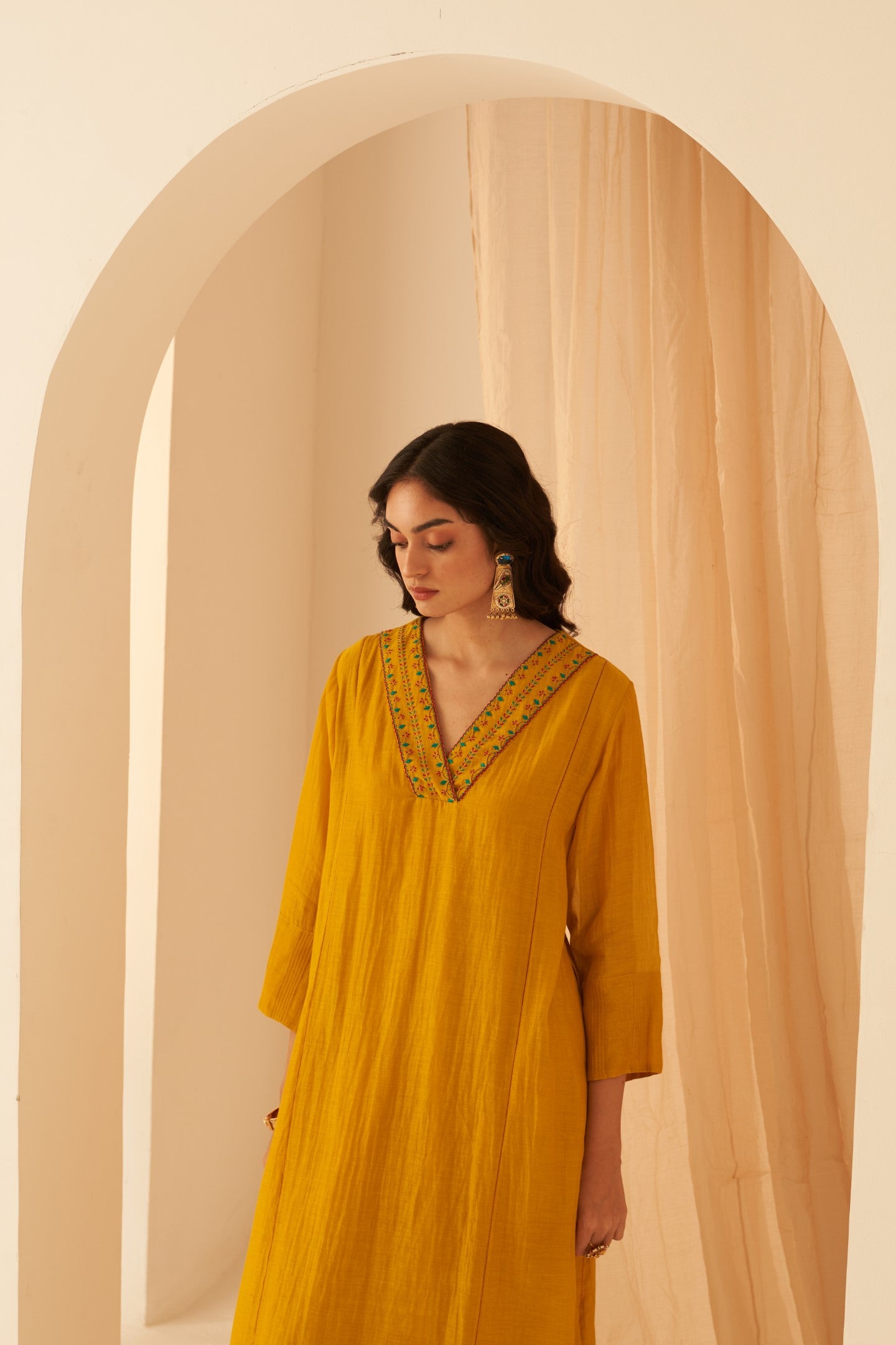 Mustard Chanderi bullion work kurta paired with pant & organza dupatta