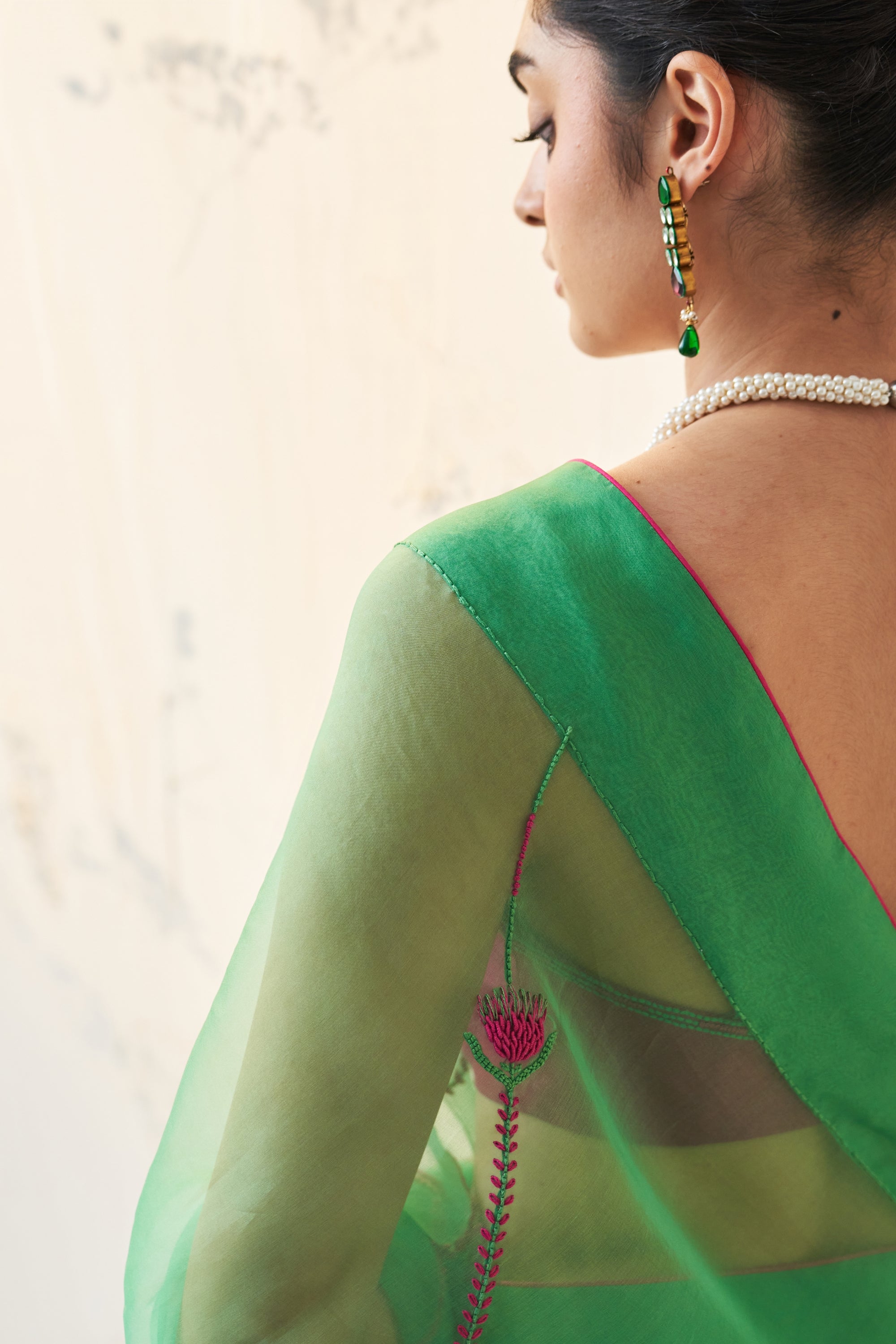 Emerald Green Organza Saree Comes With Magenta Stitched Blouse & Organic Cotton Stitched Petticoat