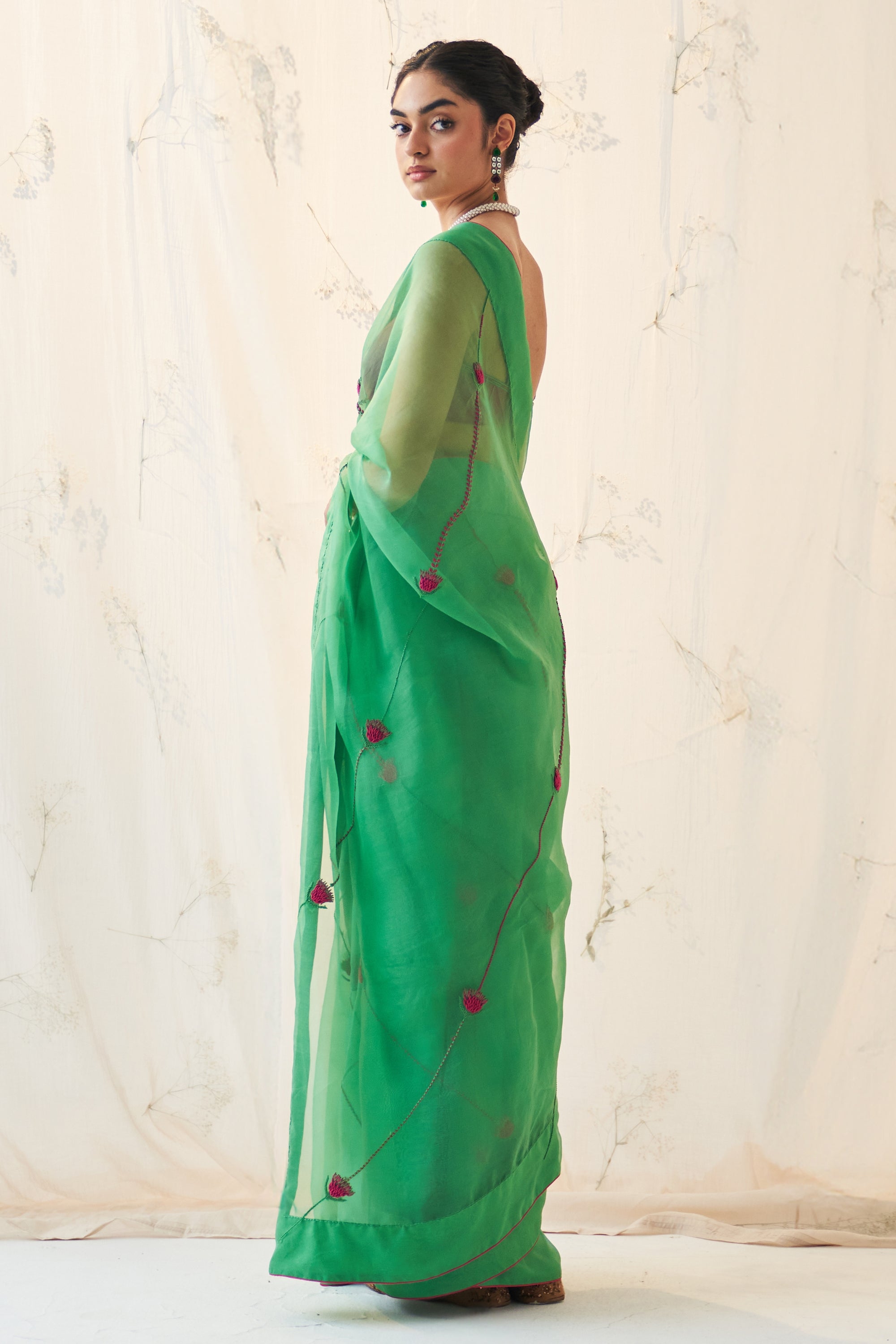 Emerald Green Organza Saree Comes With Magenta Stitched Blouse & Organic Cotton Stitched Petticoat