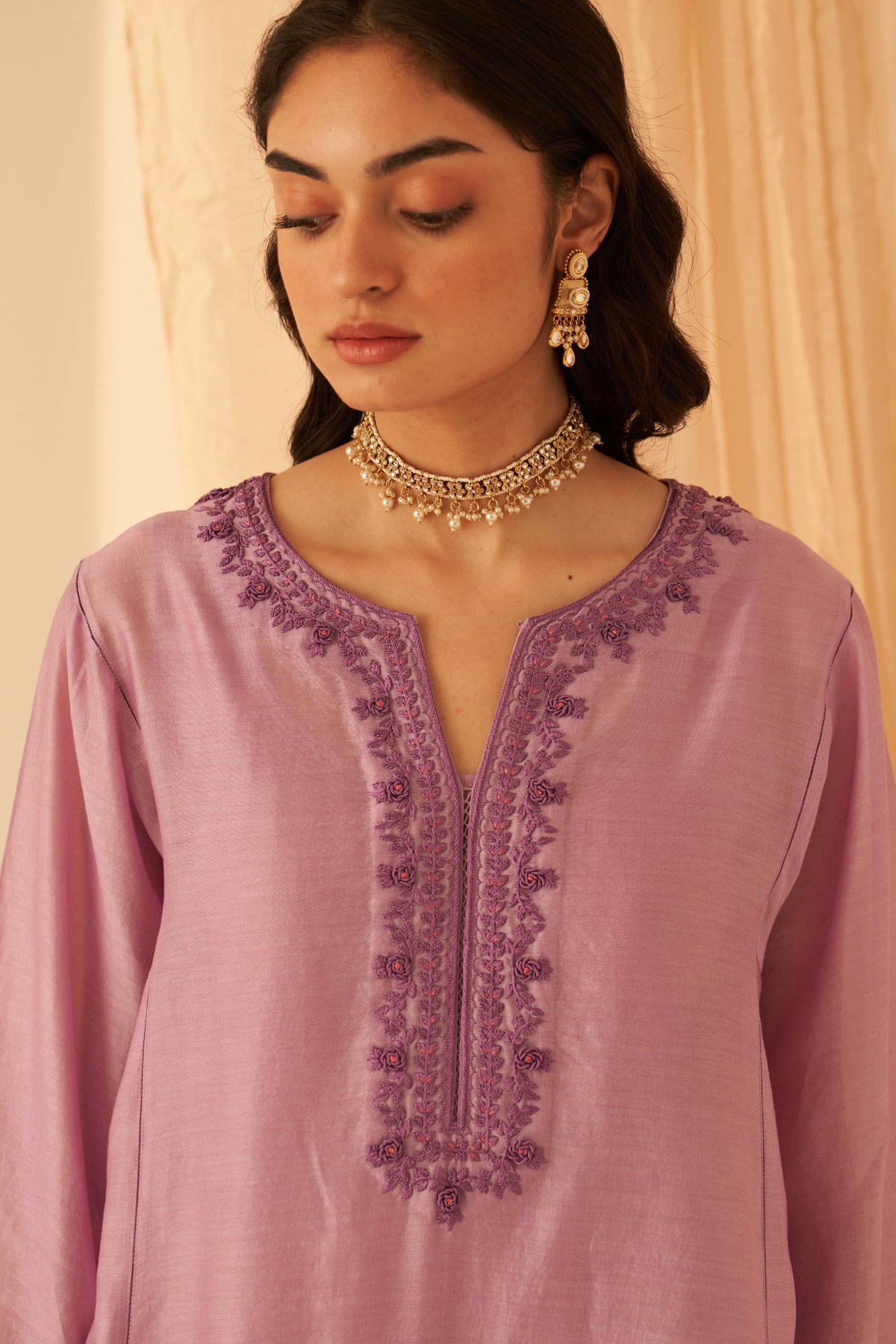 Lilac Chanderi bullion work embroidered kurta paired with cotton slip,pant & organza dupatta