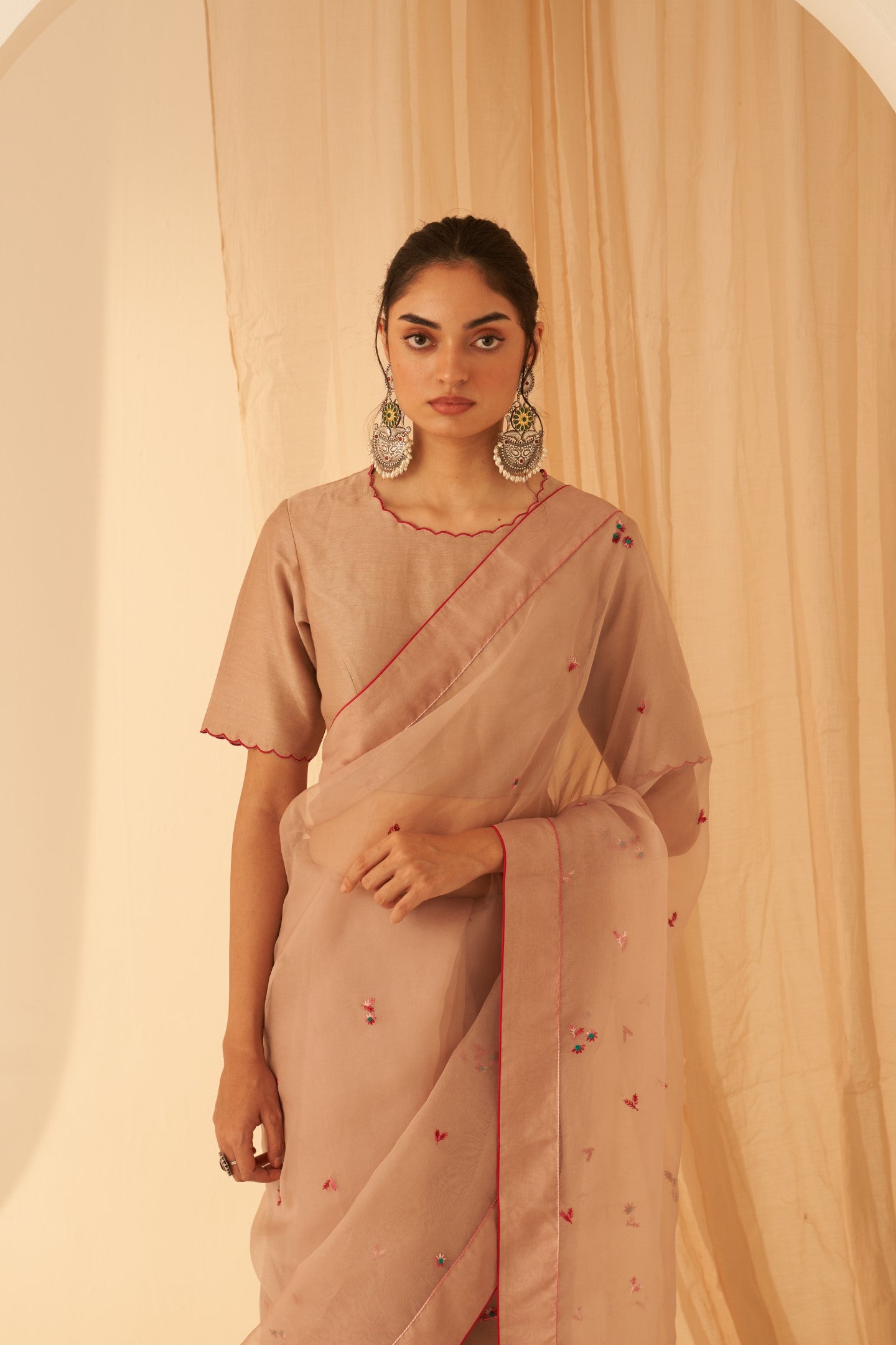 Light rose gold organza aari handwork embroidered saree paired with & organic cotton stitched petticoat