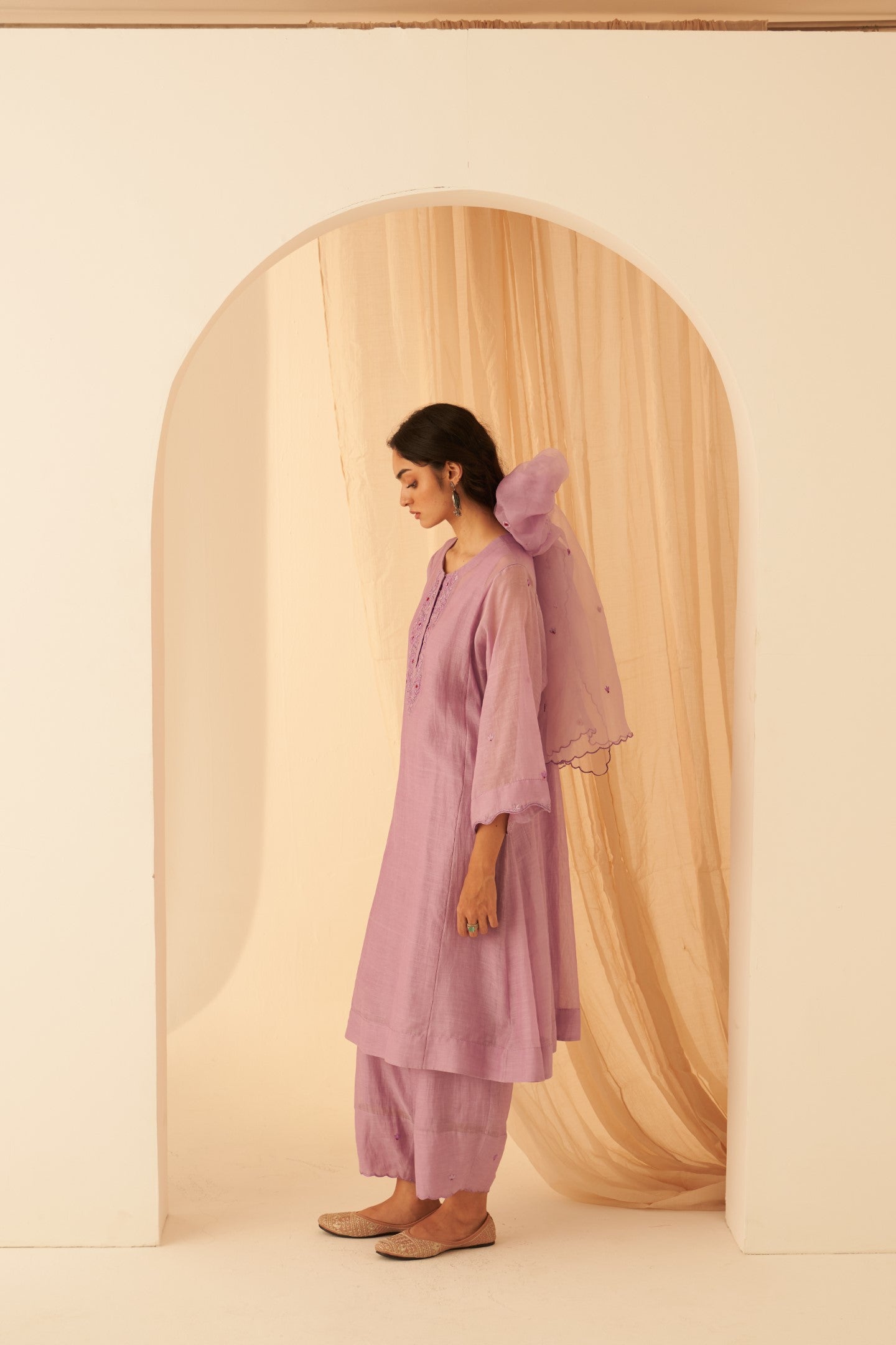 Lilac chanderi floral embroidered and katha work kurta paired with cotton slip, afghani salwar & organza dupatta