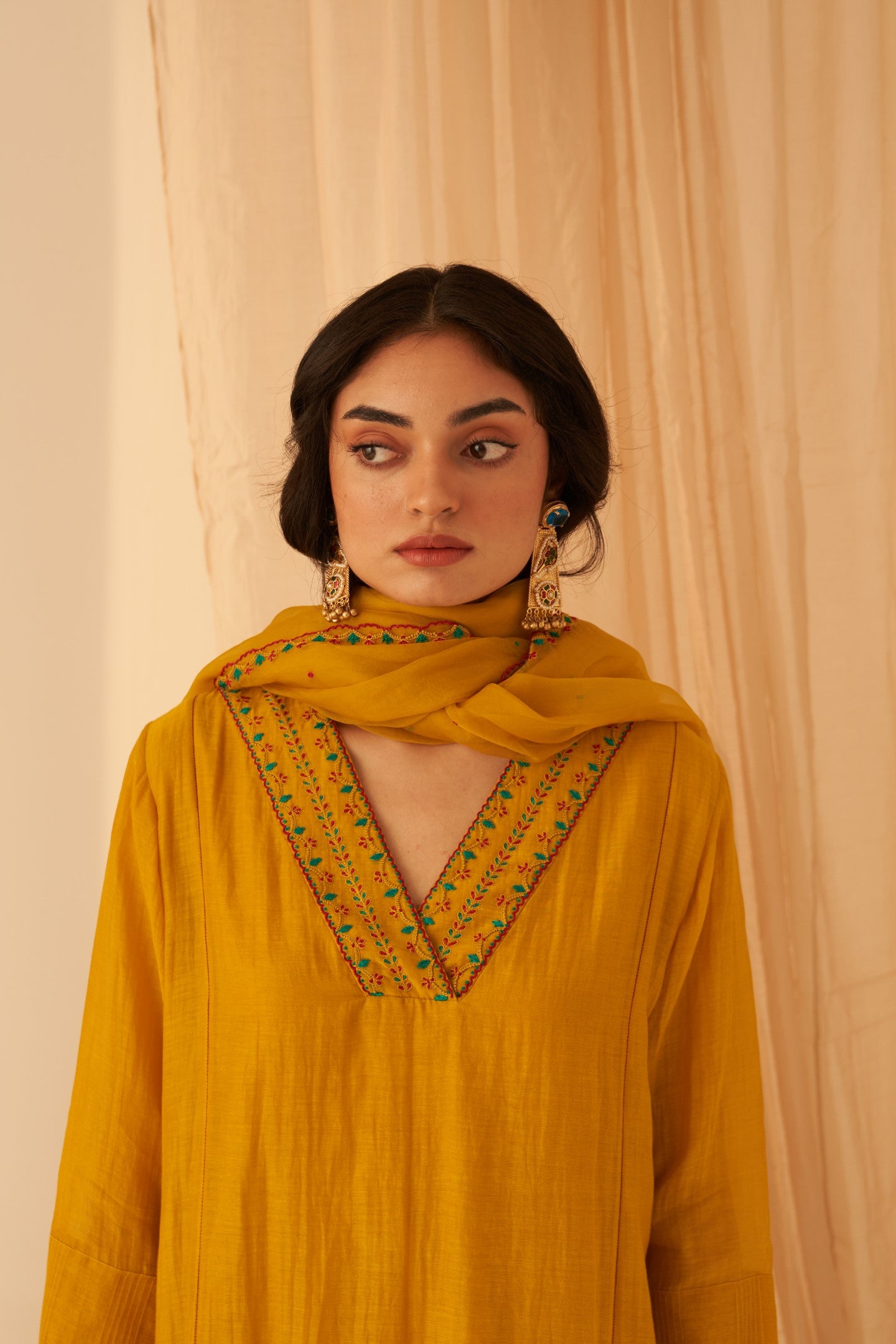 Mustard Chanderi bullion work kurta paired with pant & organza dupatta