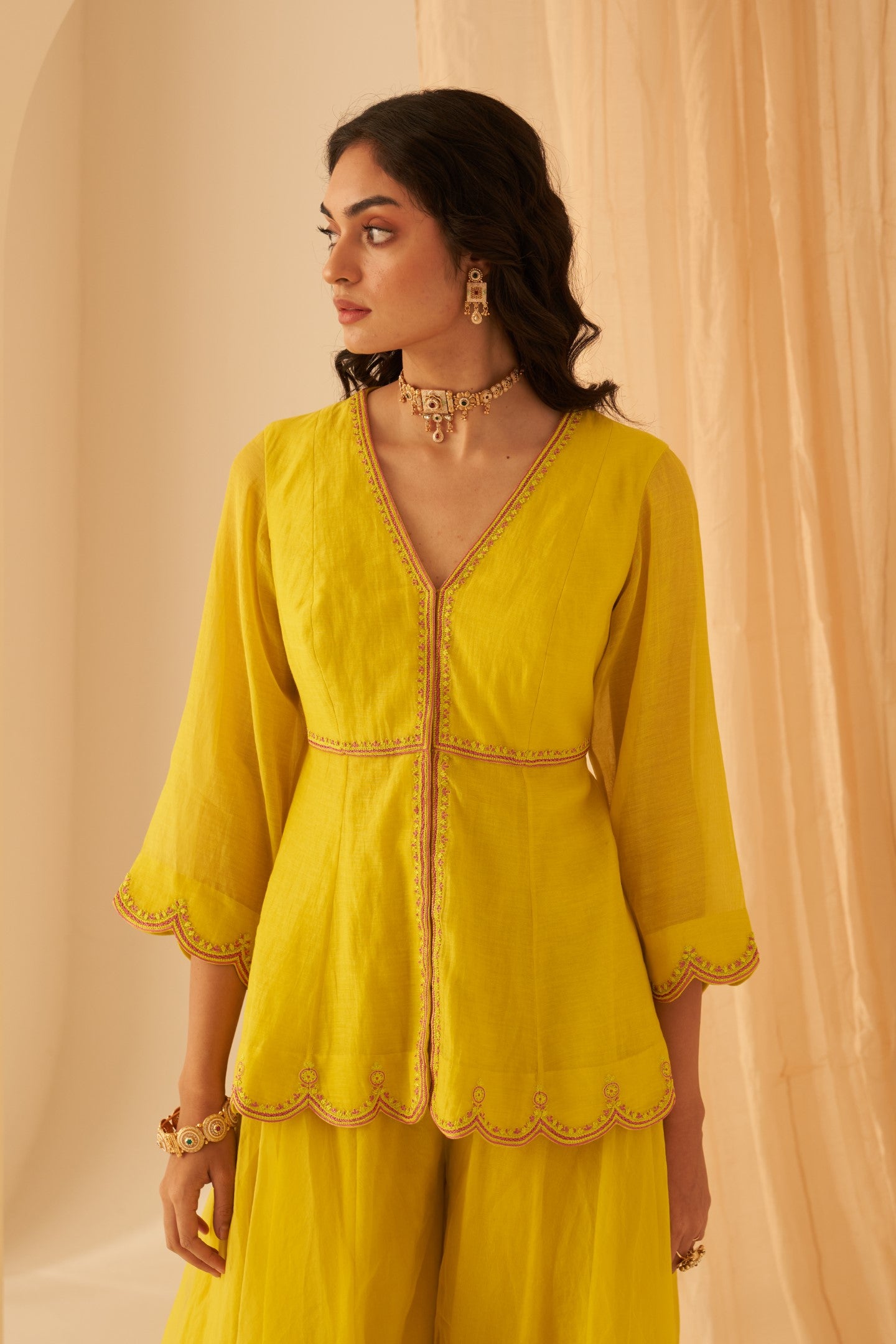 Lime yellow chanderi thread embroidered peplum with sharara & organza dupatta