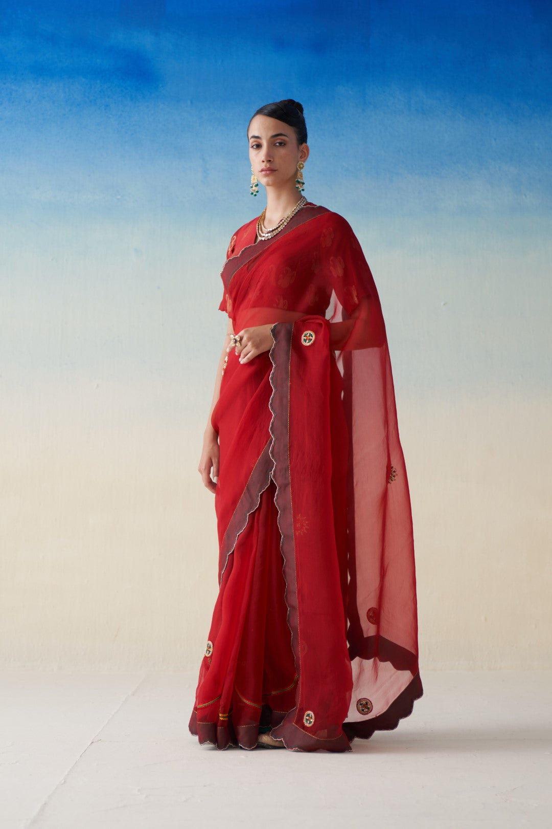 Red organza embroidered saree, comes with an organic cotton stitched petticoat (02 Pcs.)