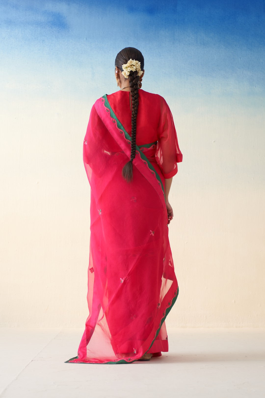 Magenta Embroidered organza saree comes with an organic cotton stitched petticoat (02 Pcs.)