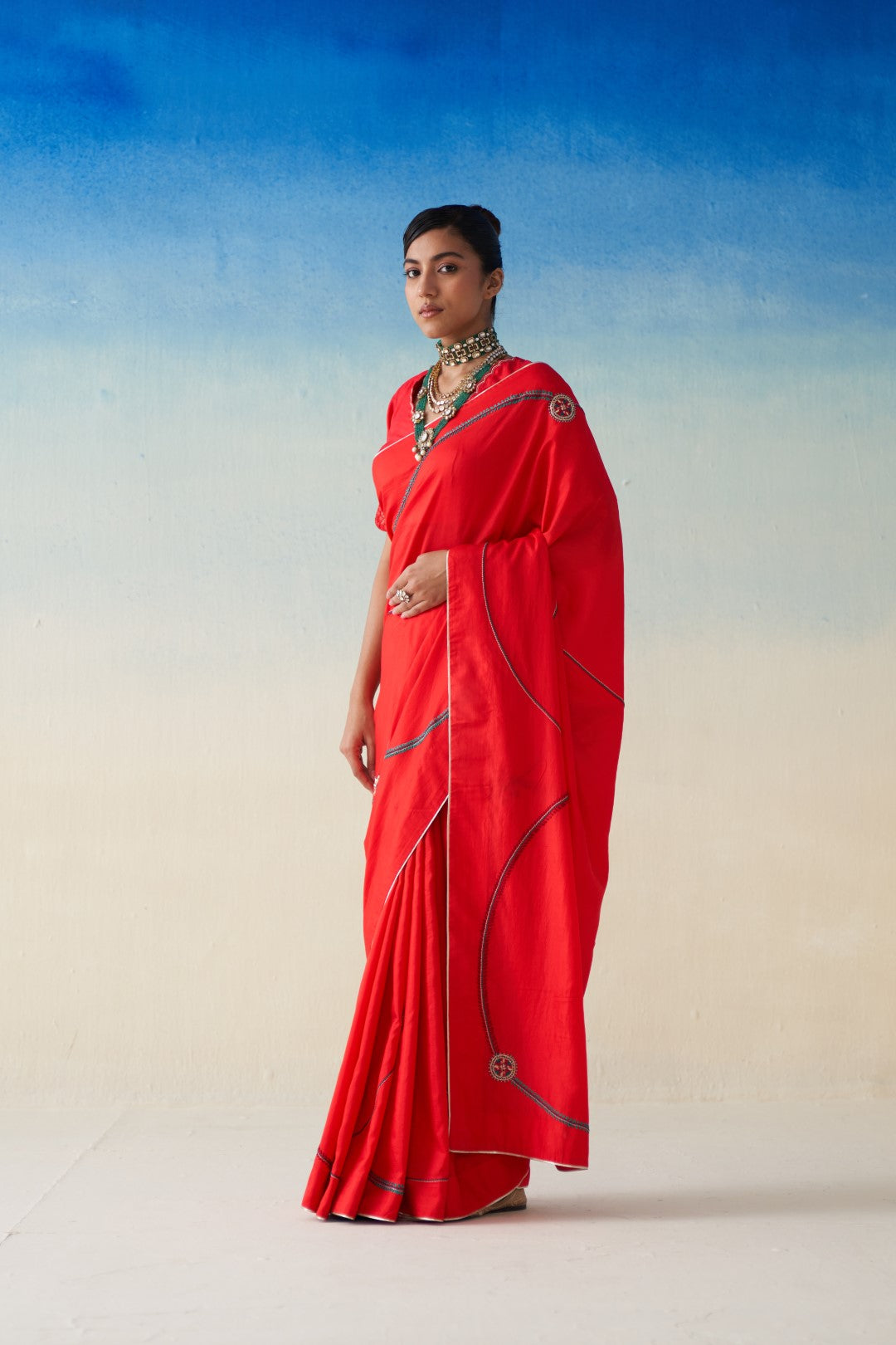 Red Silk embroidered saree comes with an organic cotton stitched petticoat (02 pcs.)