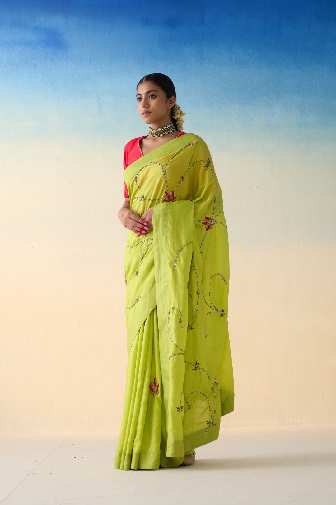 Lime green silk jaal embroidered saree comes with an organic cotton petticoat (02 Pcs.)