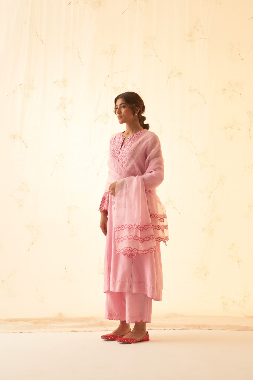 Pink With Tonal Thread Embroidered Kurta Set